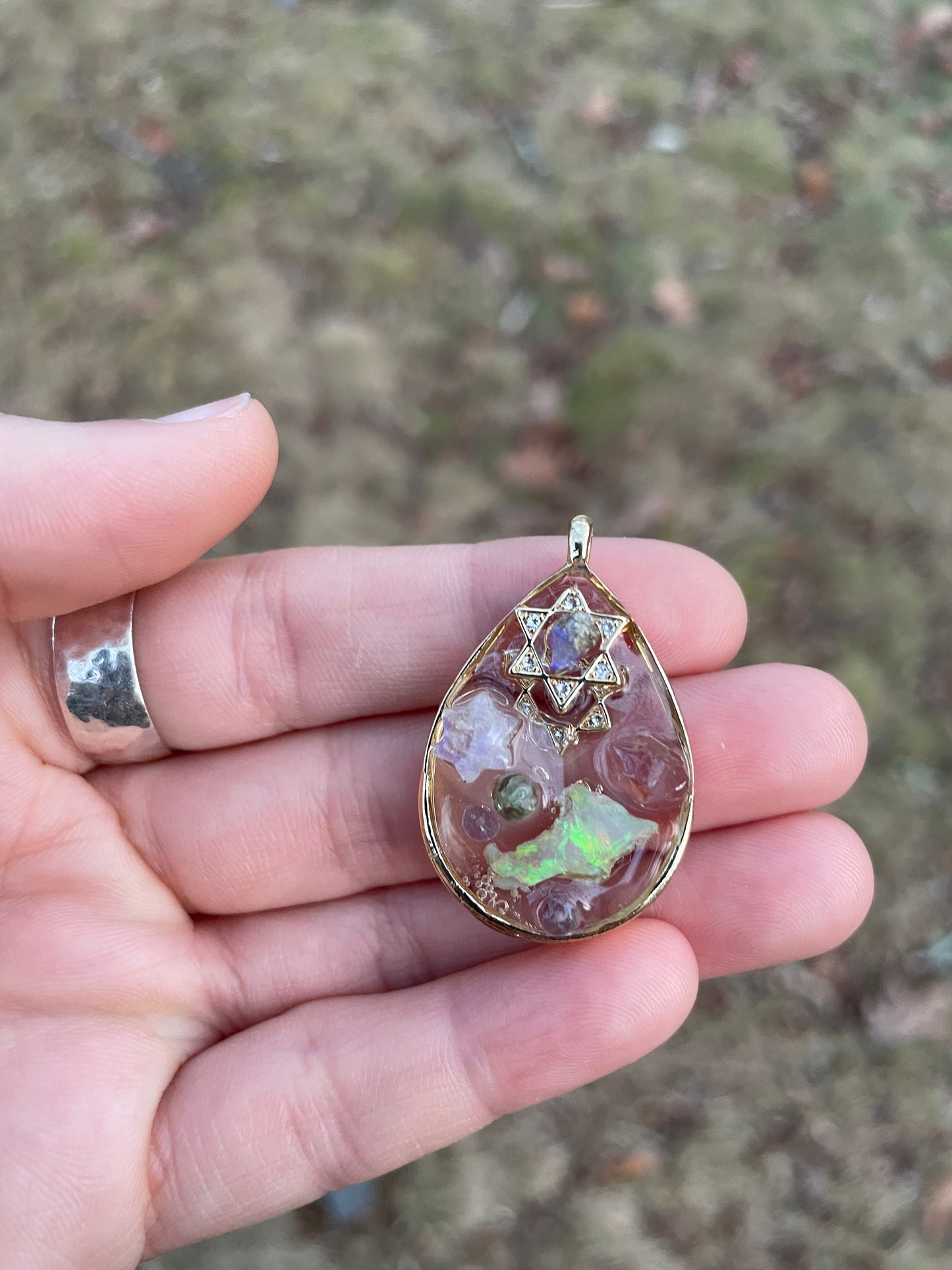 Florescent Pendant 1: Moonstone, Opal, Tanzanite, Quartz & Kyanite Gemstones Magen David
