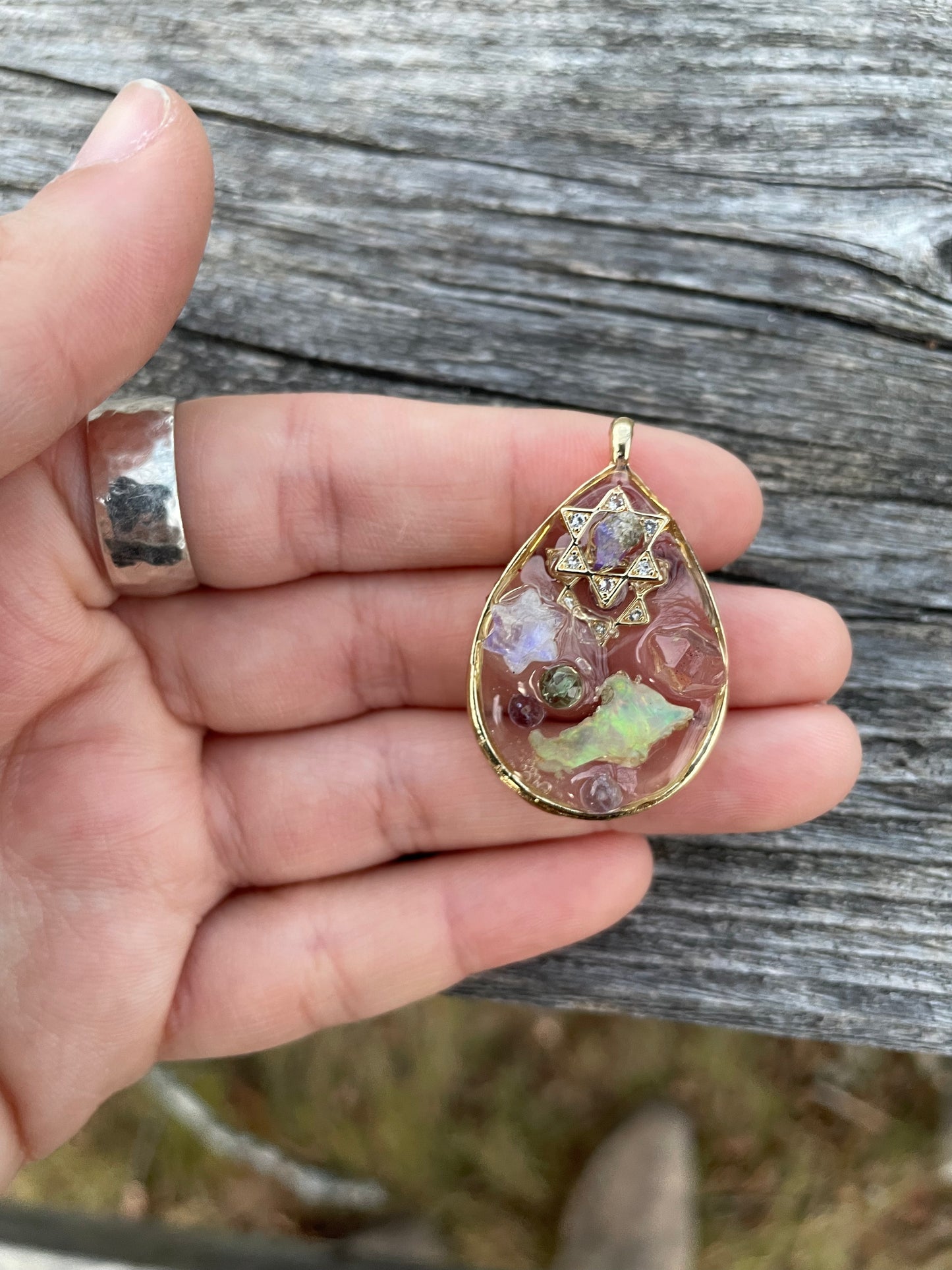 Florescent Pendant 1: Moonstone, Opal, Tanzanite, Quartz & Kyanite Gemstones Magen David