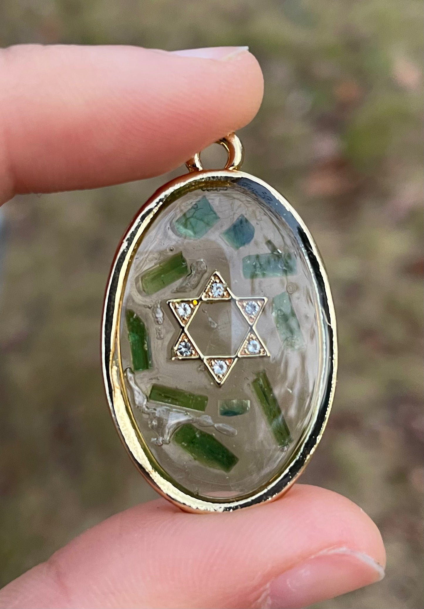 Florescent Pendant 3: Green Tourmaline Gemstones & Magen David Pendant