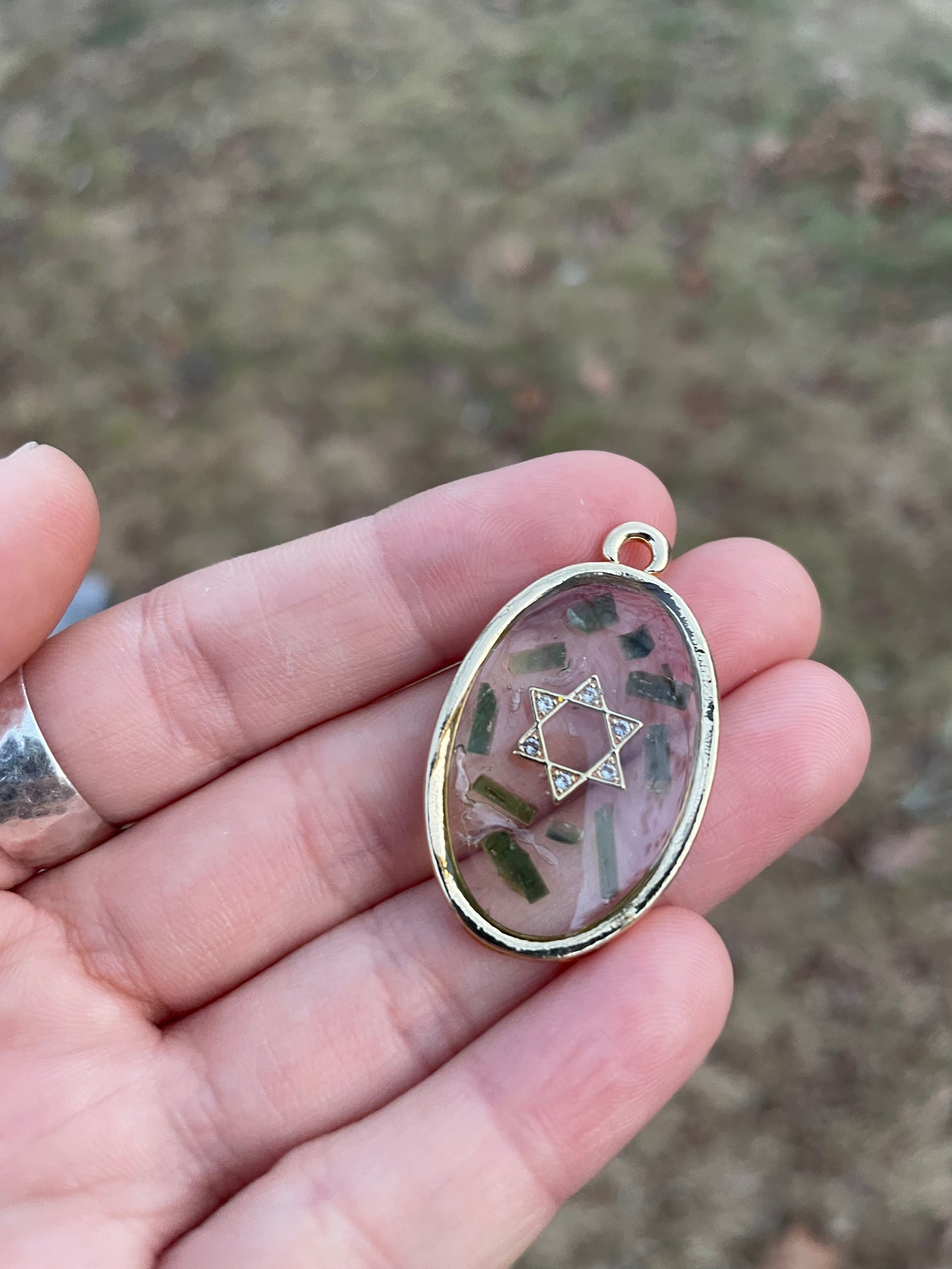 Florescent Pendant 3: Green Tourmaline Gemstones & Magen David Pendant