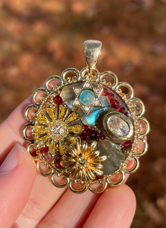 Sunflowers, Magen David, Garnet and Labradorite Gemstones Gold plated