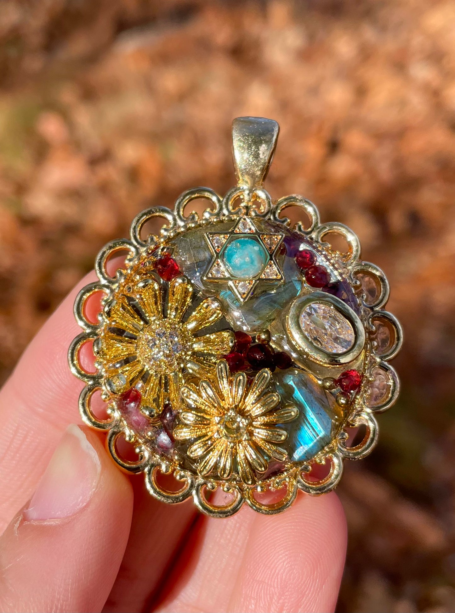 Sunflowers, Magen David, Garnet and Labradorite Gemstones Gold plated