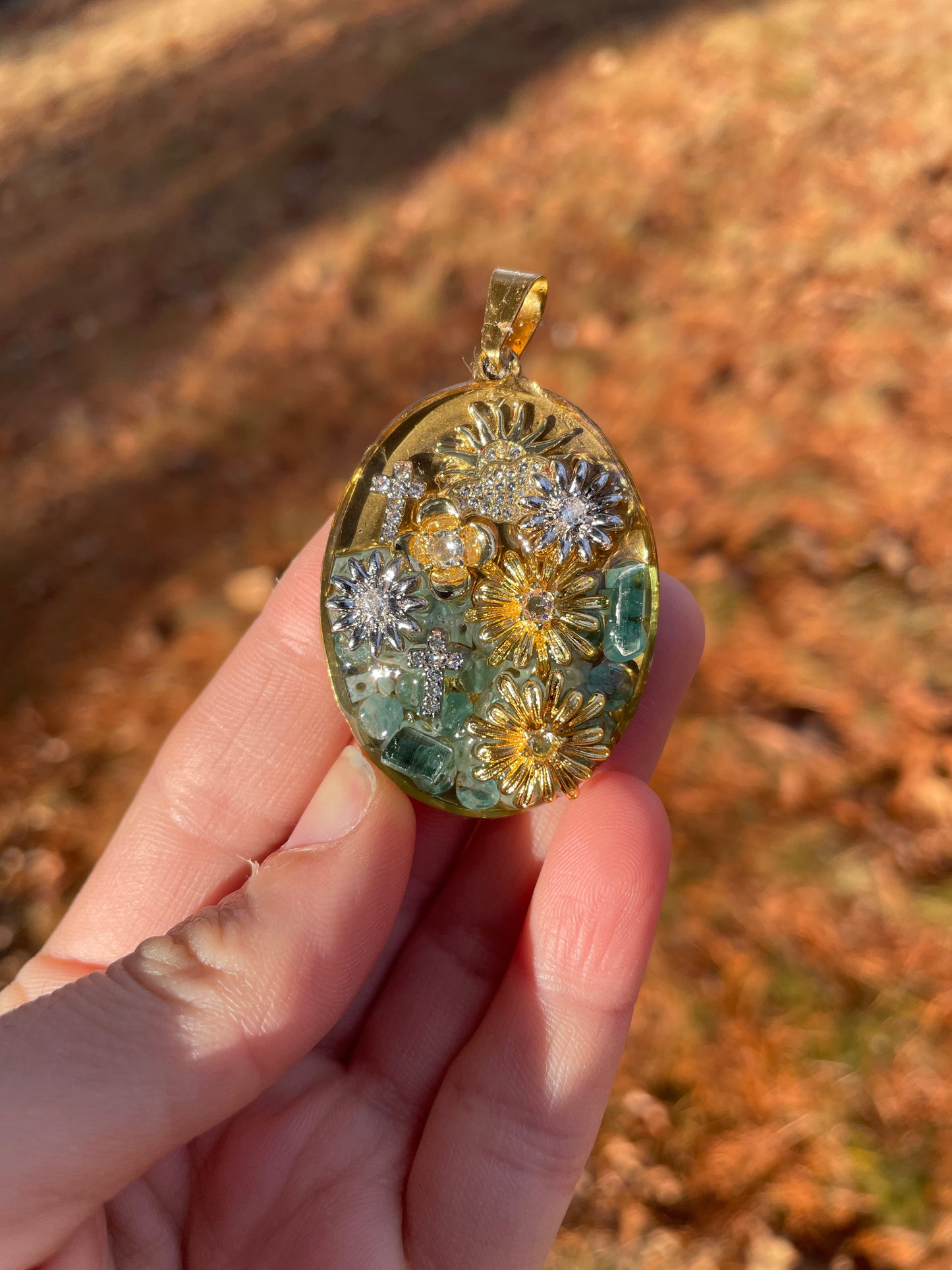 Christian Cross, Amazonite Kyanite Blue Gemstones, Sunny Rays and Blooming Flowers