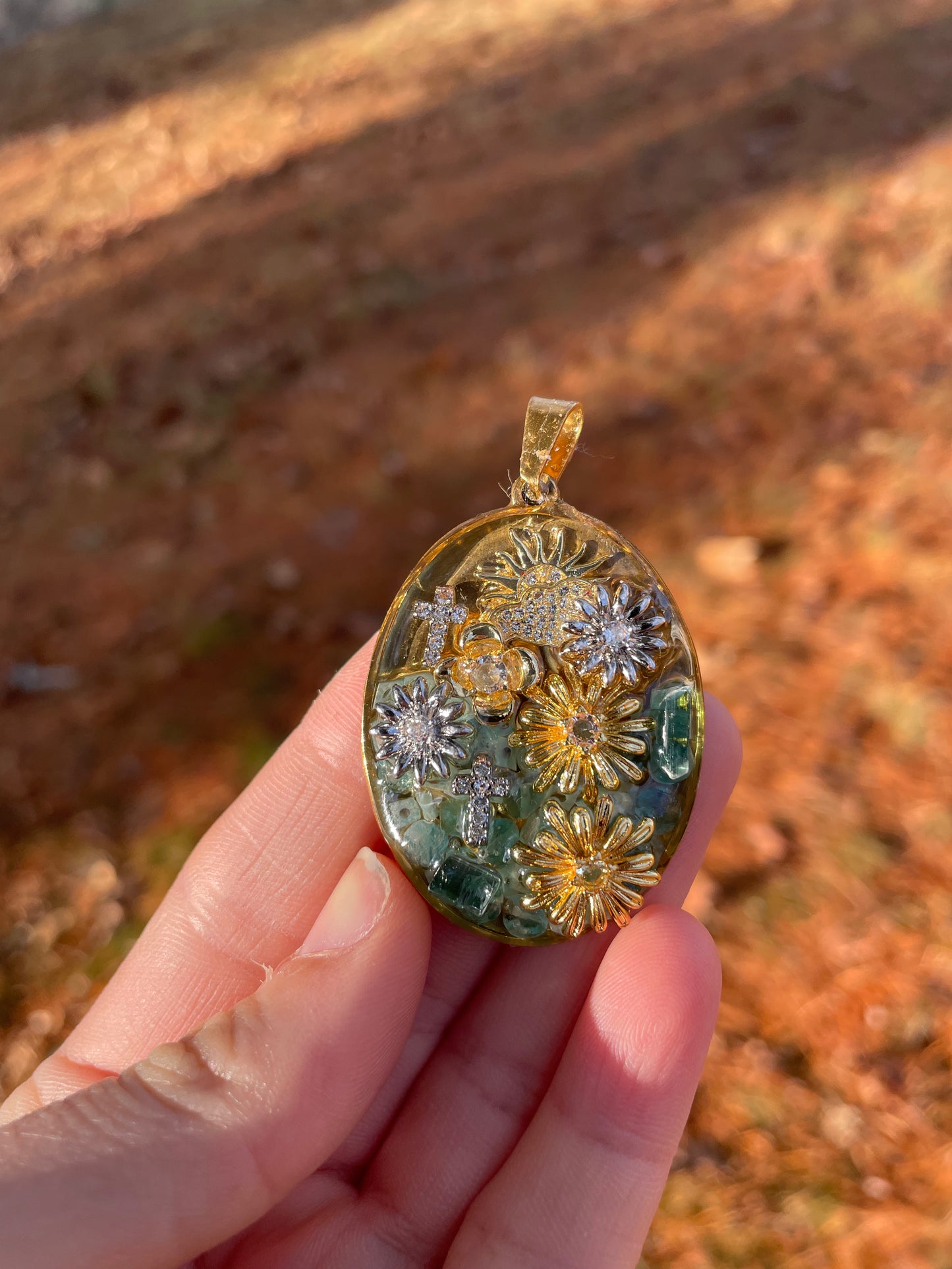 Christian Cross, Amazonite Kyanite Blue Gemstones, Sunny Rays and Blooming Flowers