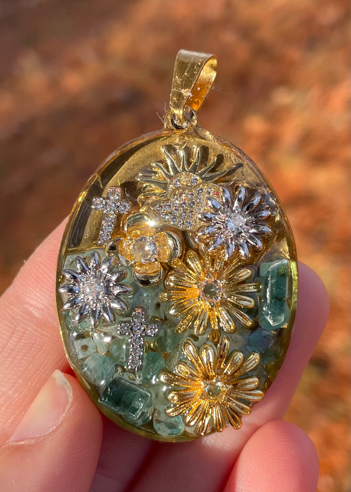 Christian Cross, Amazonite Kyanite Blue Gemstones, Sunny Rays and Blooming Flowers