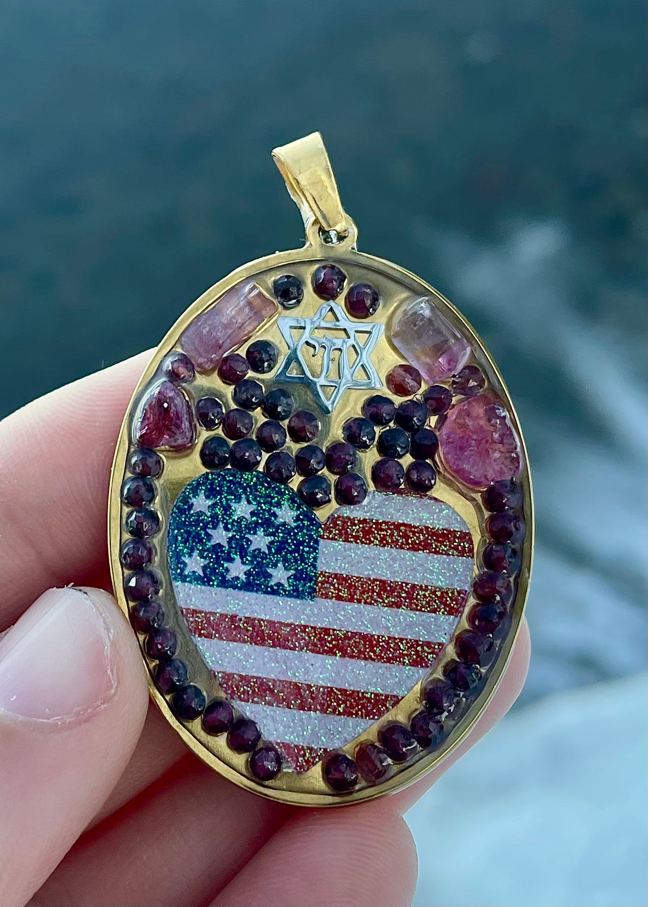 The American Jewish Love pendant with Pink Tourmaline and Garnet