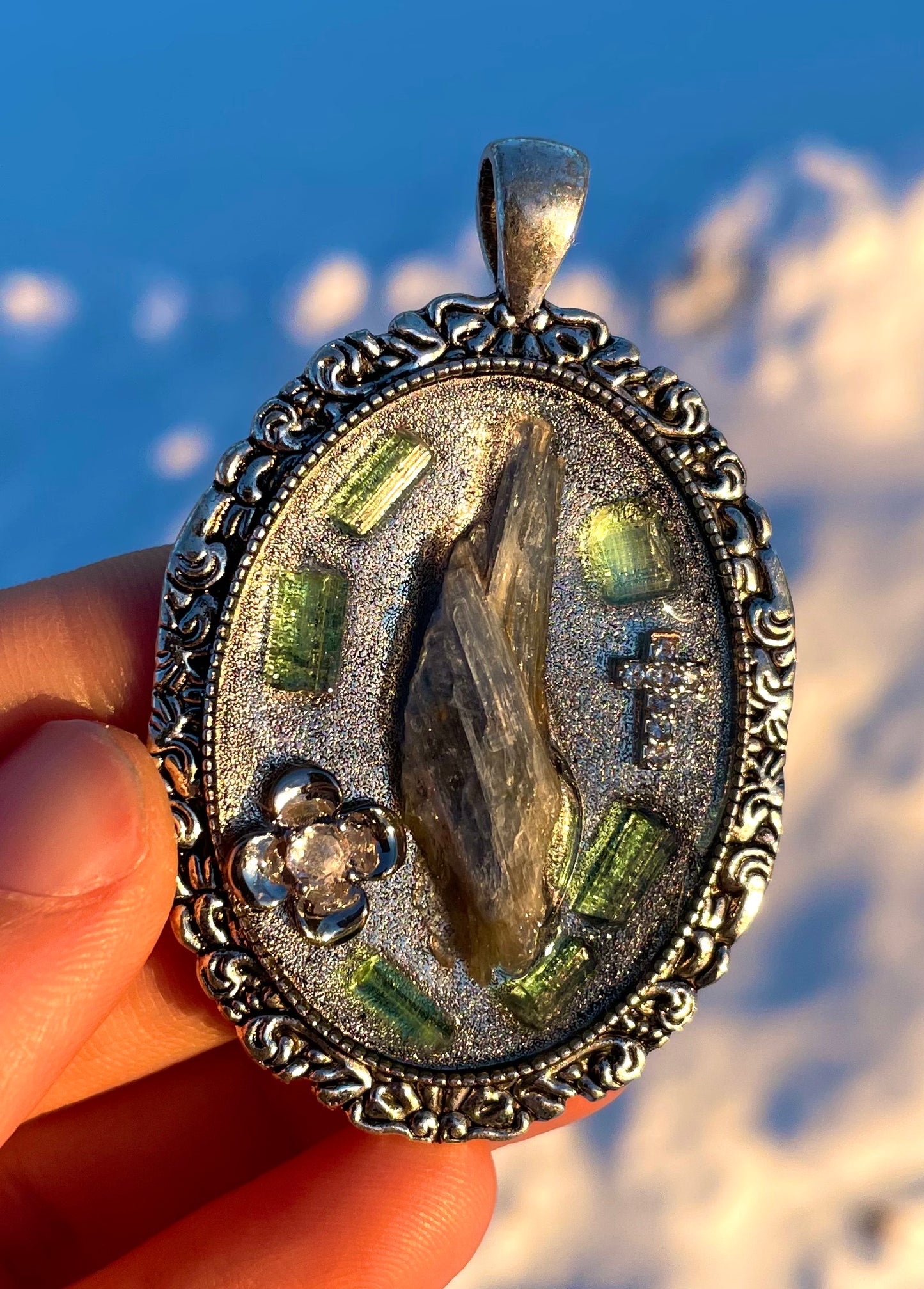 Cross & Flower Bloom Pendant with Kyanite and Blue Tourmaline Gemstones