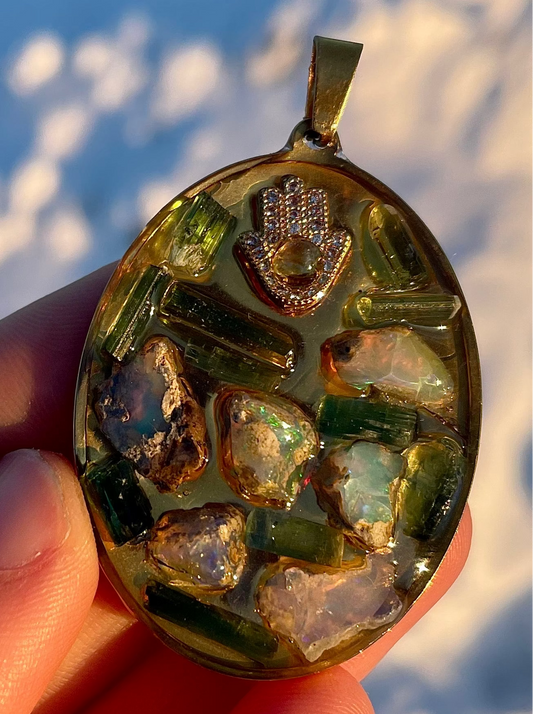 Hamsa, Opal, Green Tourmaline Pendant with Zirconia and Raw Gemstones