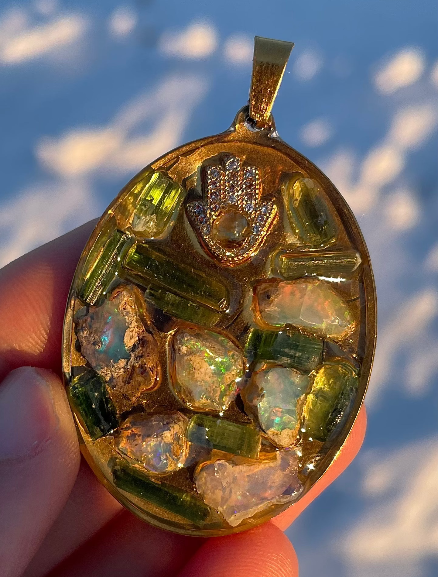 Hamsa, Opal, Green Tourmaline Pendant with Zirconia and Raw Gemstones