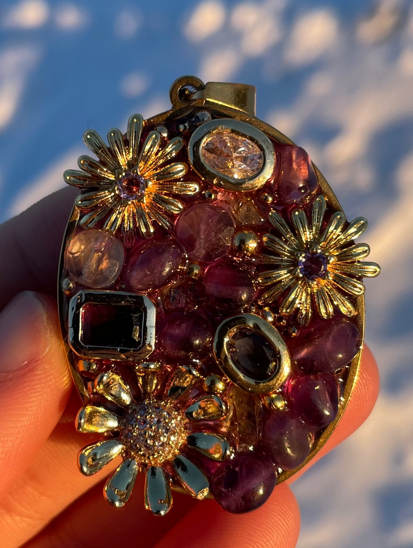 Bloom Collection: Amethyst and Fluorite Gemstones, 3 Flowers Pendant