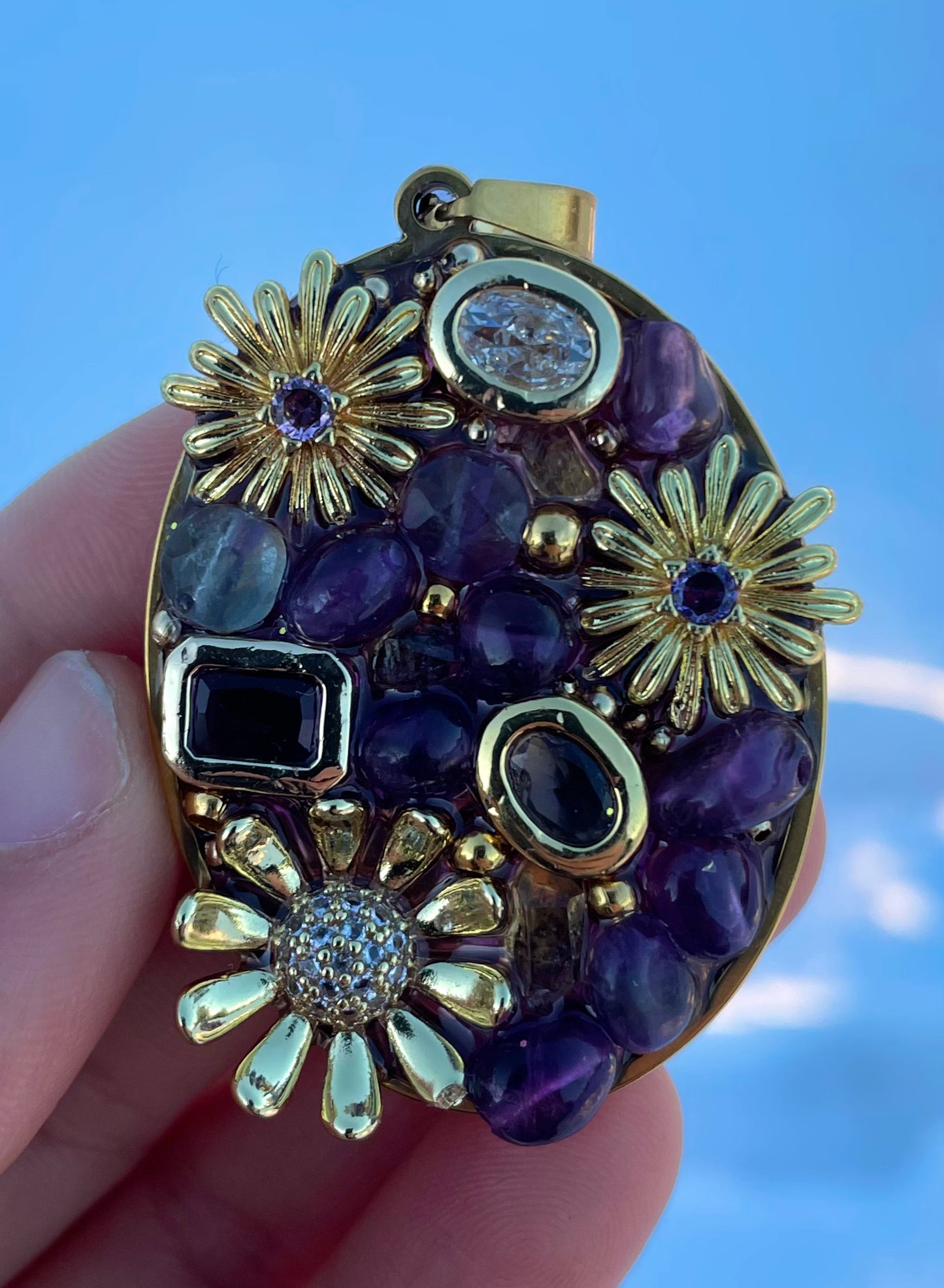 Bloom Collection: Amethyst and Fluorite Gemstones, 3 Flowers Pendant