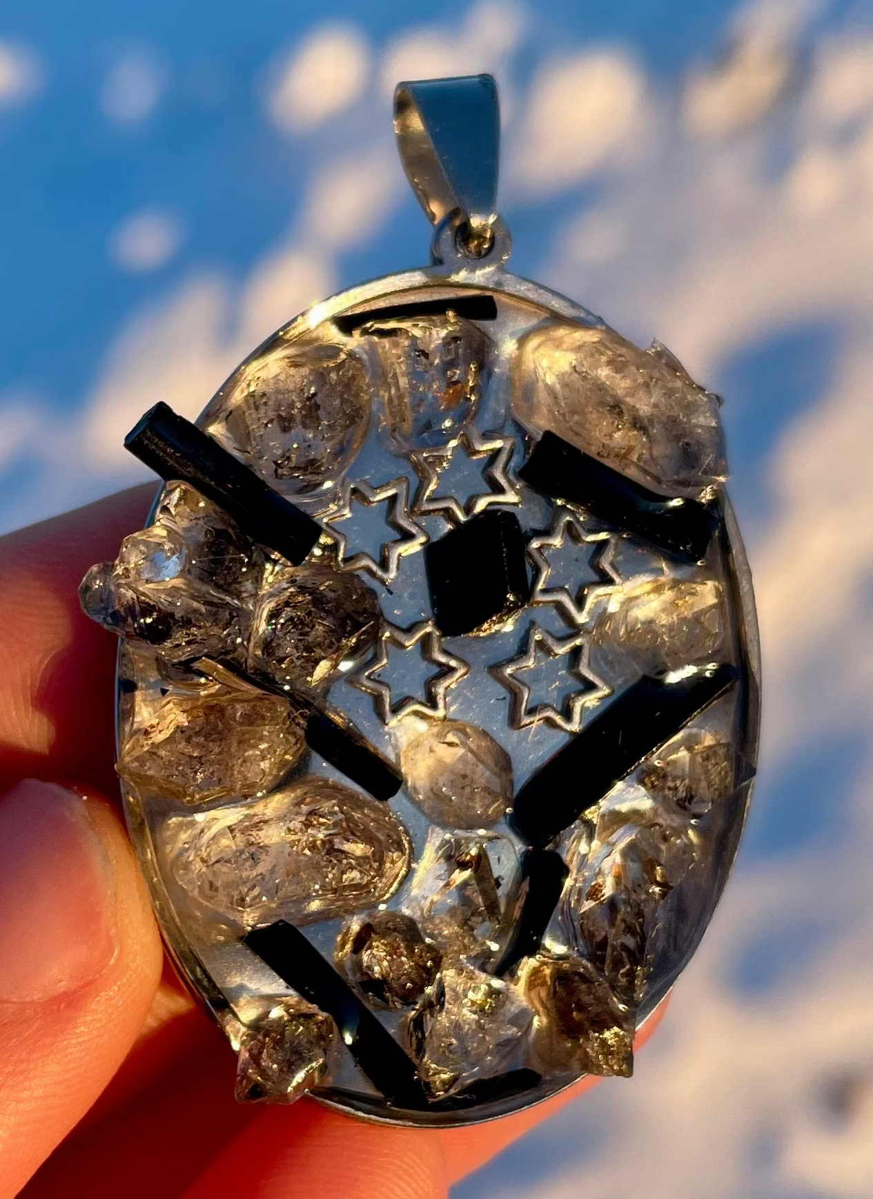 Black Tourmaline, Smoky Quartz 5 Magen David Pendant