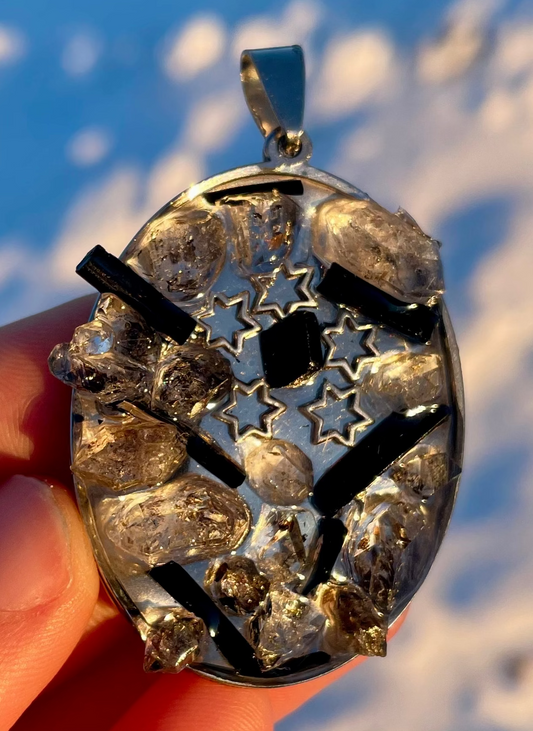 Black Tourmaline, Smoky Quartz 5 Magen David Pendant