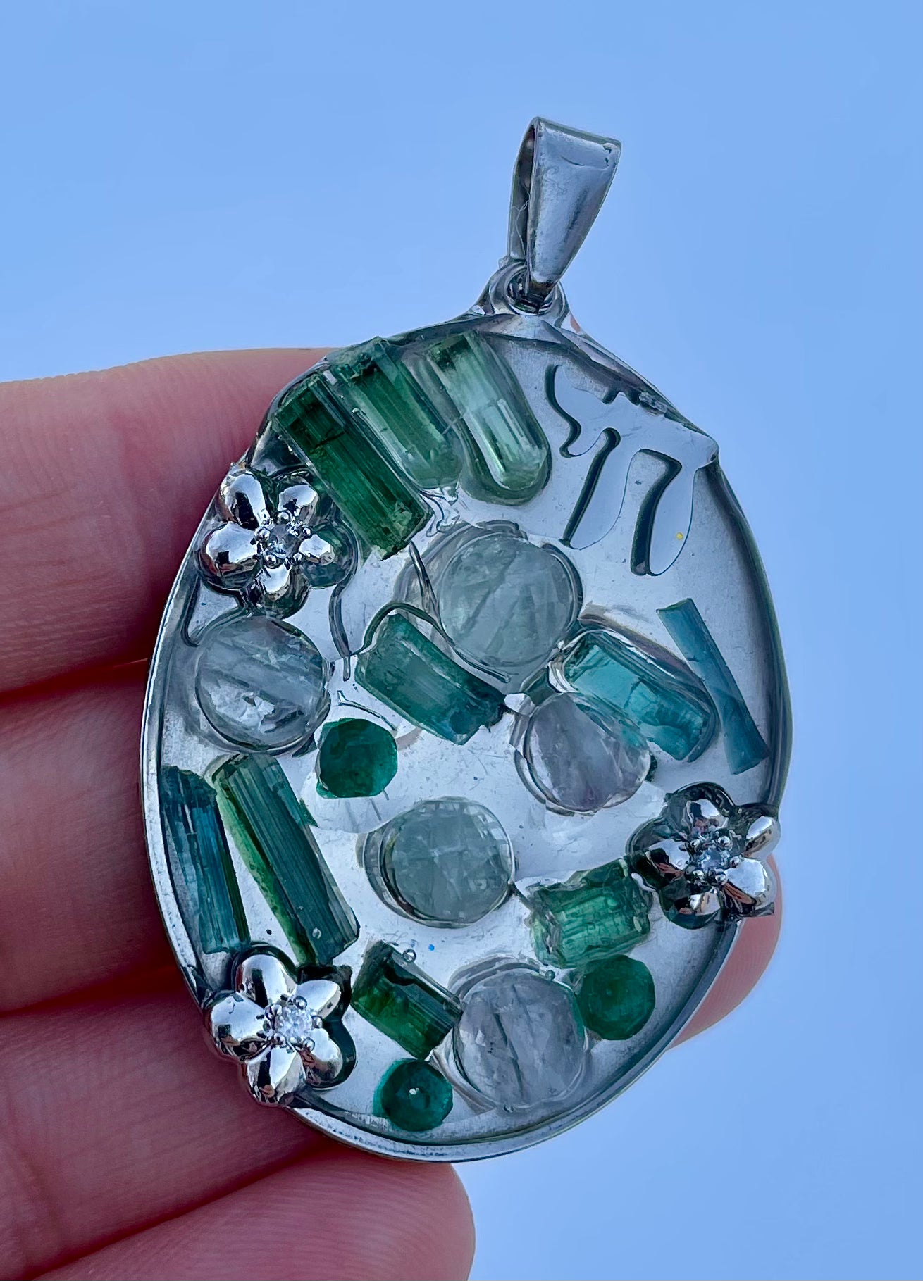 Green Tourmaline, Fluorite, Silver Flowers & Chai