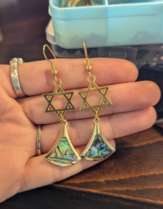 Gold Abalone Shell Star of David Earrings