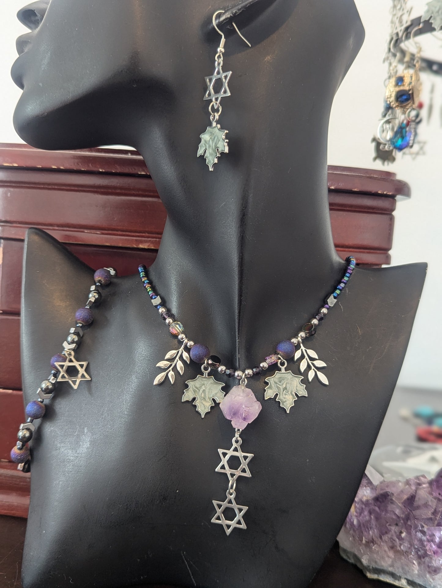 ISRAEL Amethyst Double Magen David Leafy Set