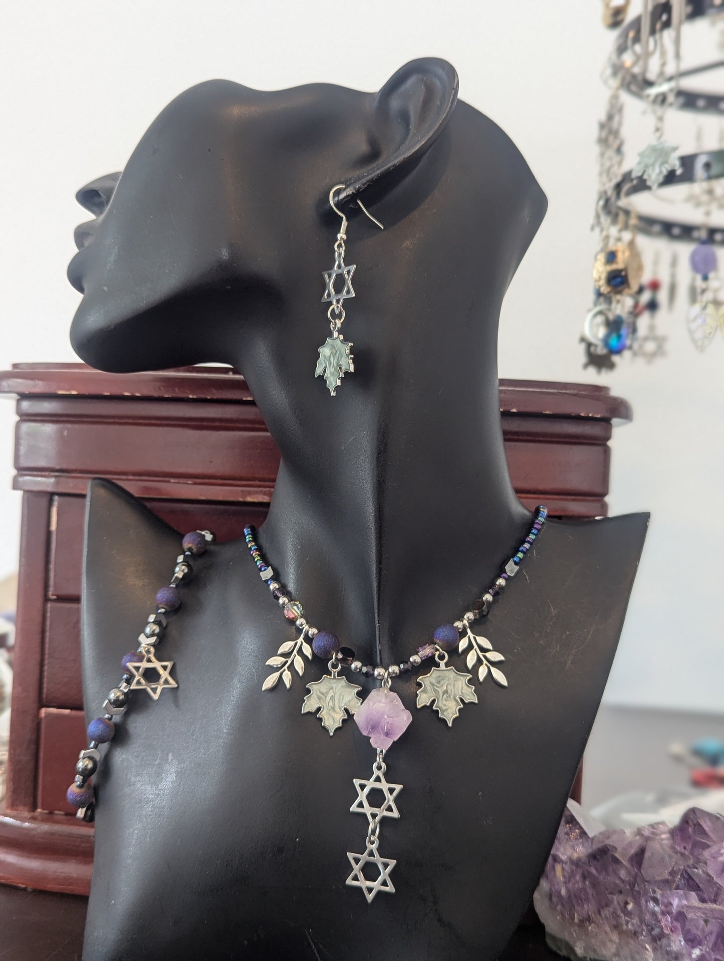 ISRAEL Amethyst Double Magen David Leafy Set