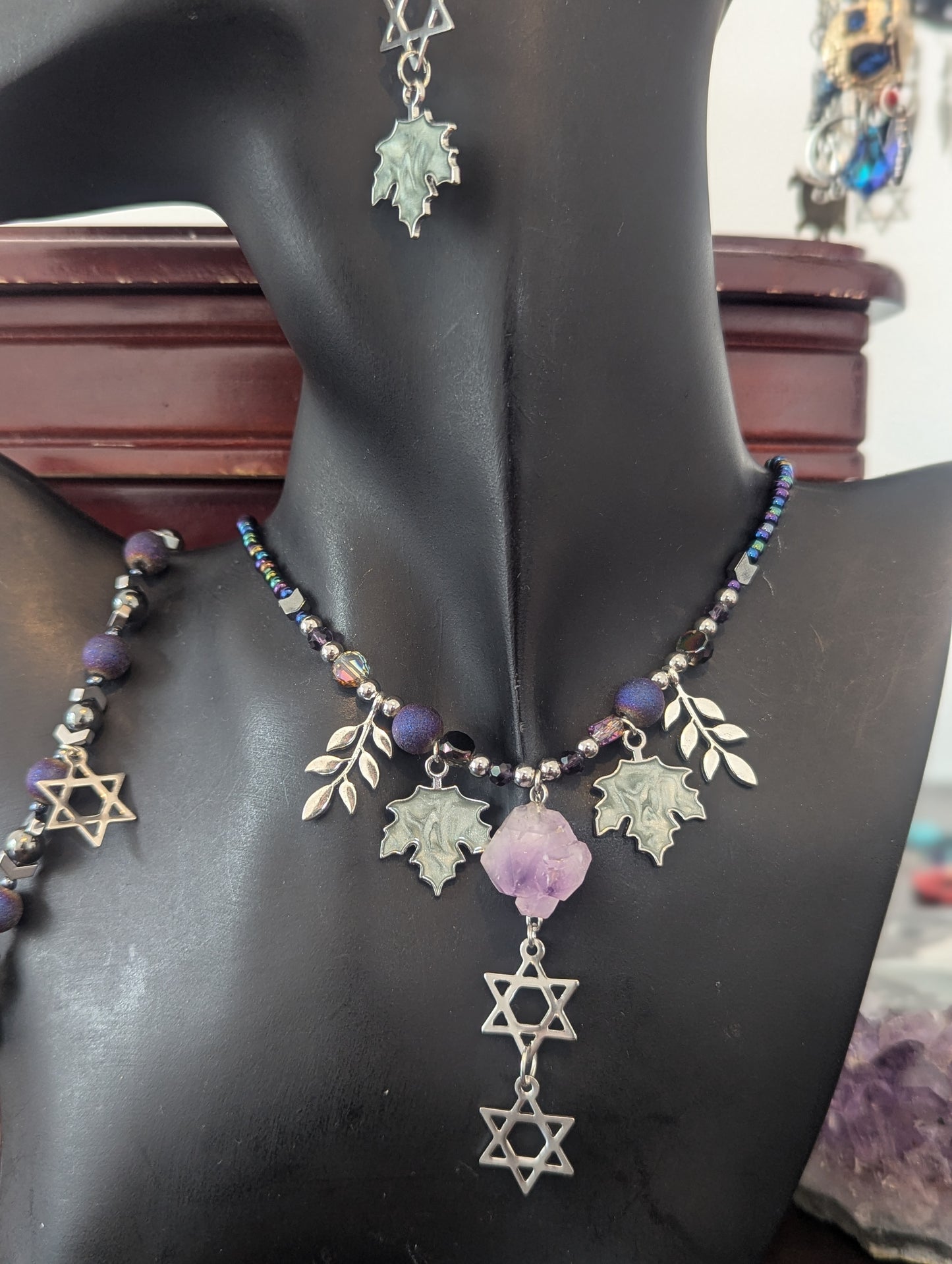 ISRAEL Amethyst Double Magen David Leafy Set