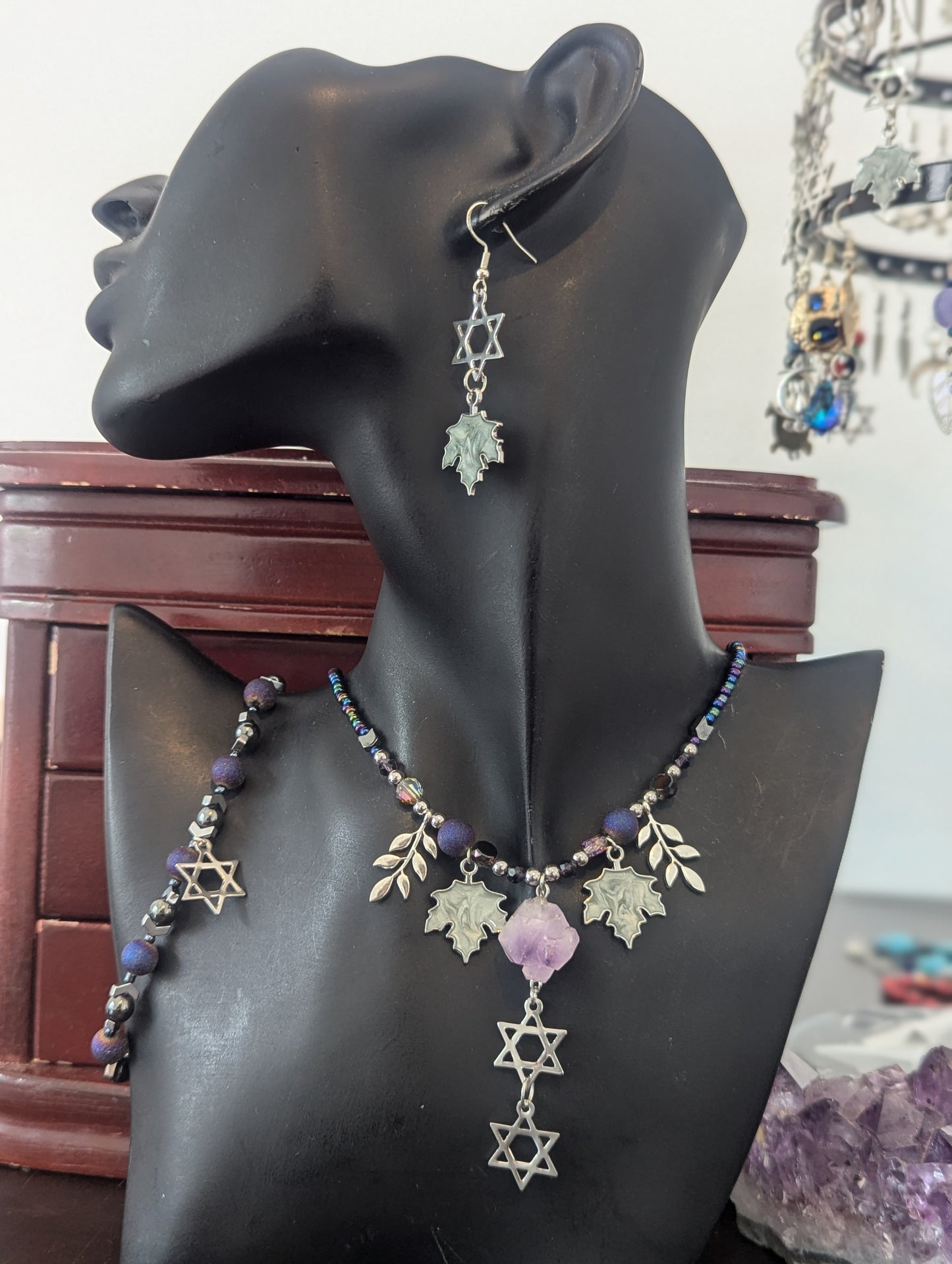 ISRAEL Amethyst Double Magen David Leafy Set