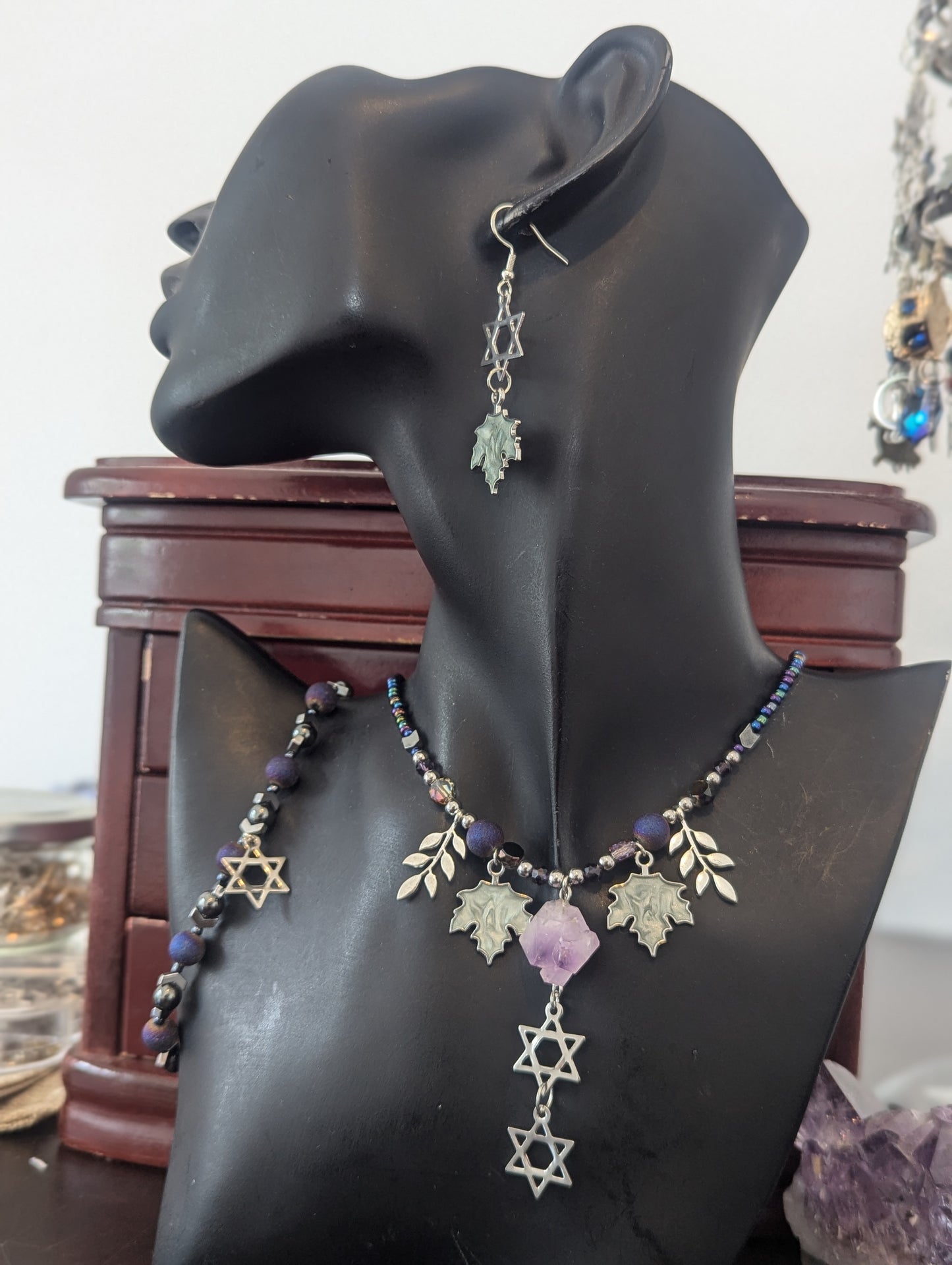 ISRAEL Amethyst Double Magen David Leafy Set