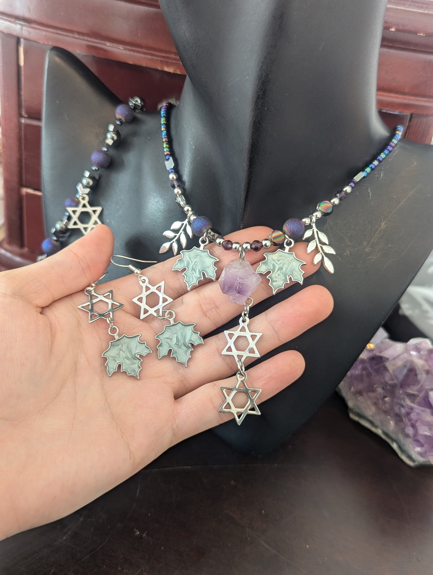 ISRAEL Amethyst Double Magen David Leafy Set