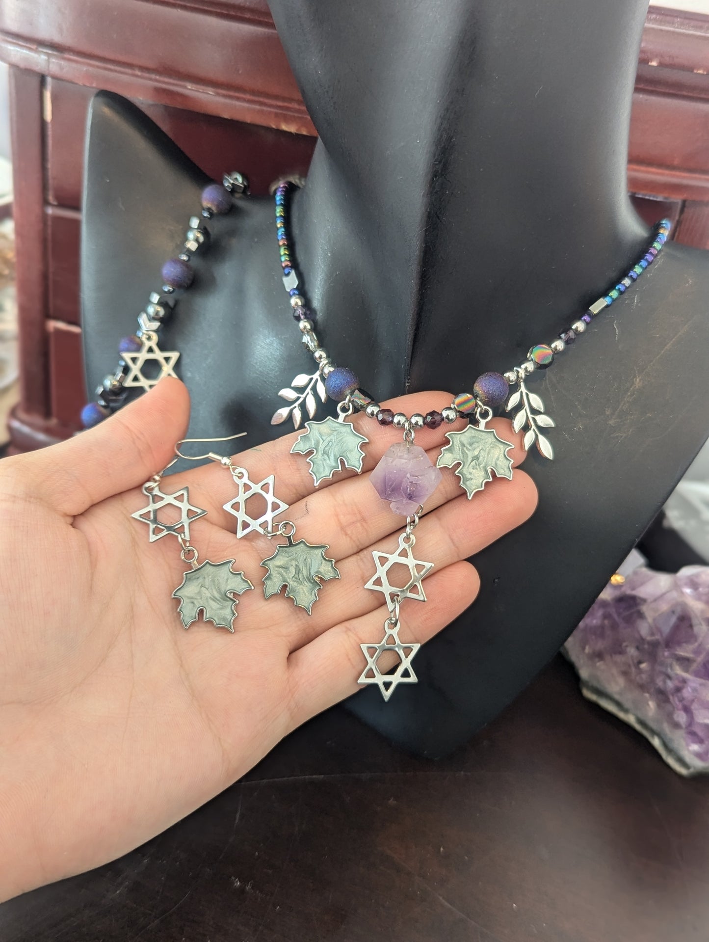 ISRAEL Amethyst Double Magen David Leafy Set