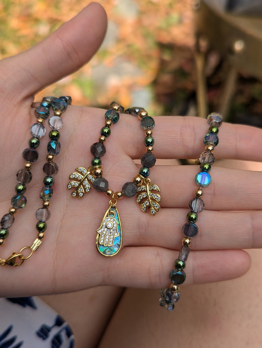 Abalone Shell Gold Hamsa Leafy Set