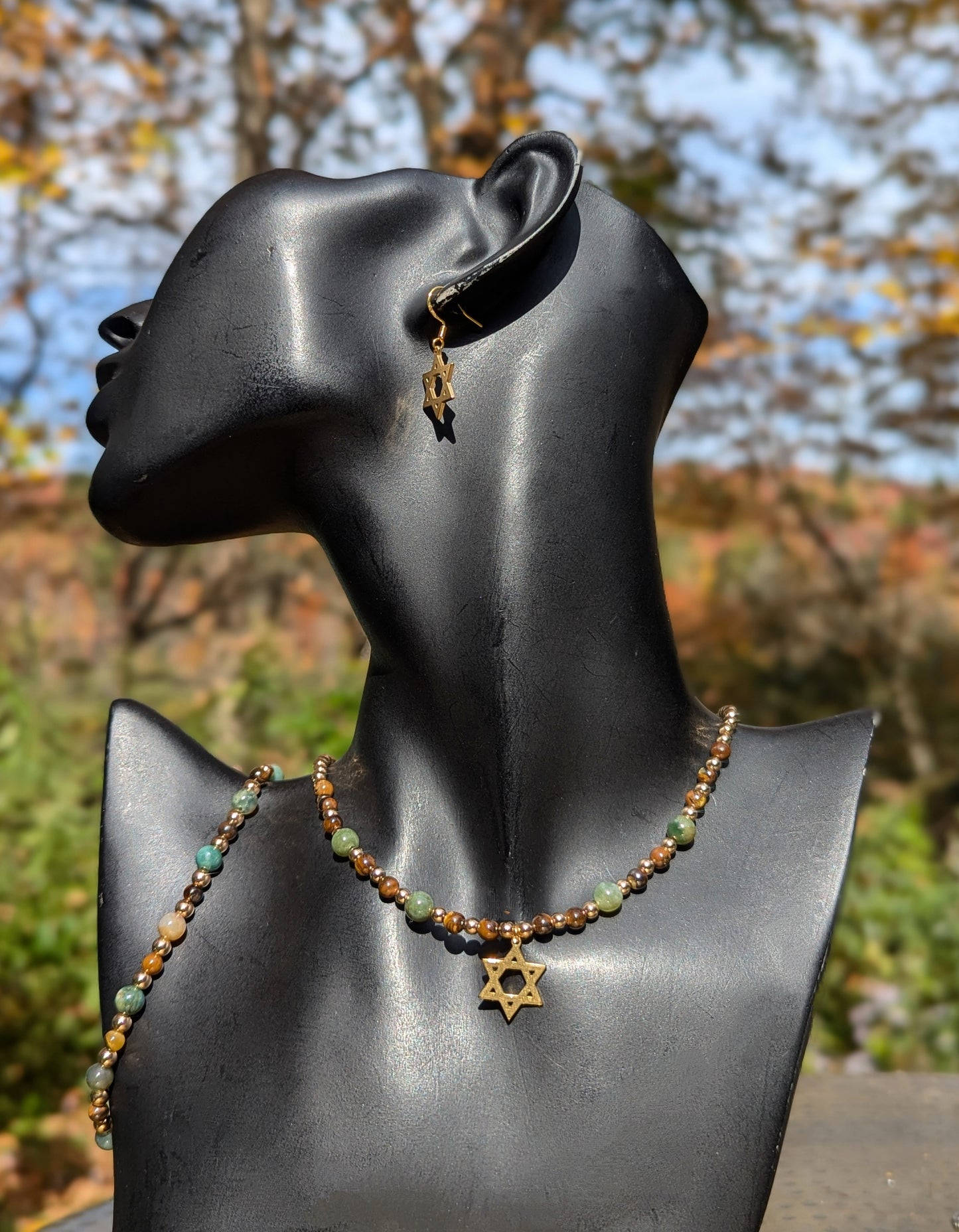 Tiger's Eye Green Agate Golden Magen David Set