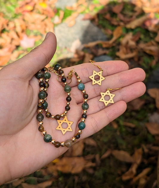 Tiger's Eye Green Agate Golden Magen David Set