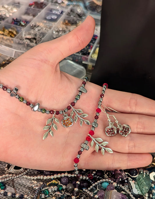 Silver Leafy Pomegranate & Garnet Set