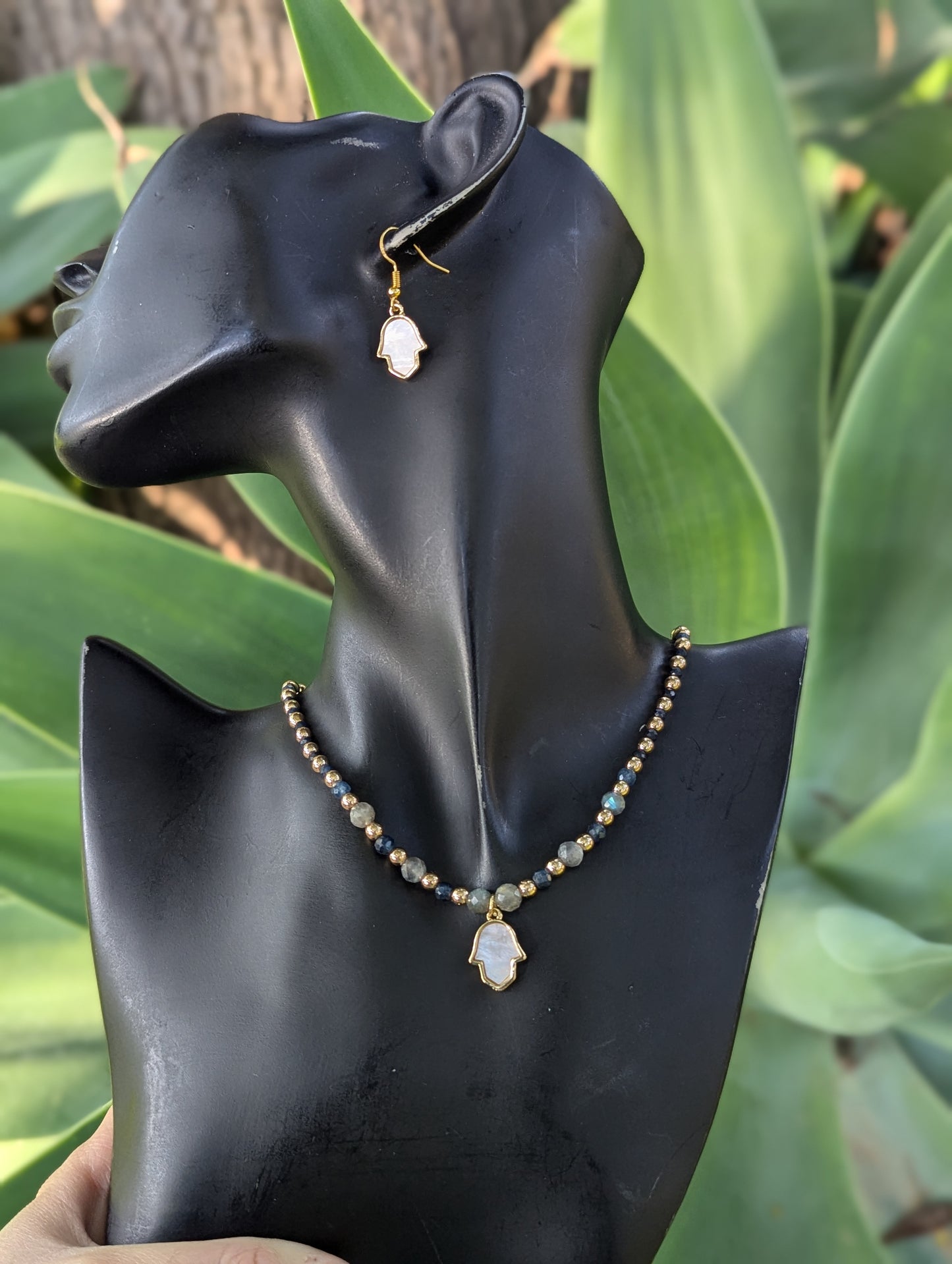 Mother of Pearl Hamsa, Sapphire & Labradorite Set