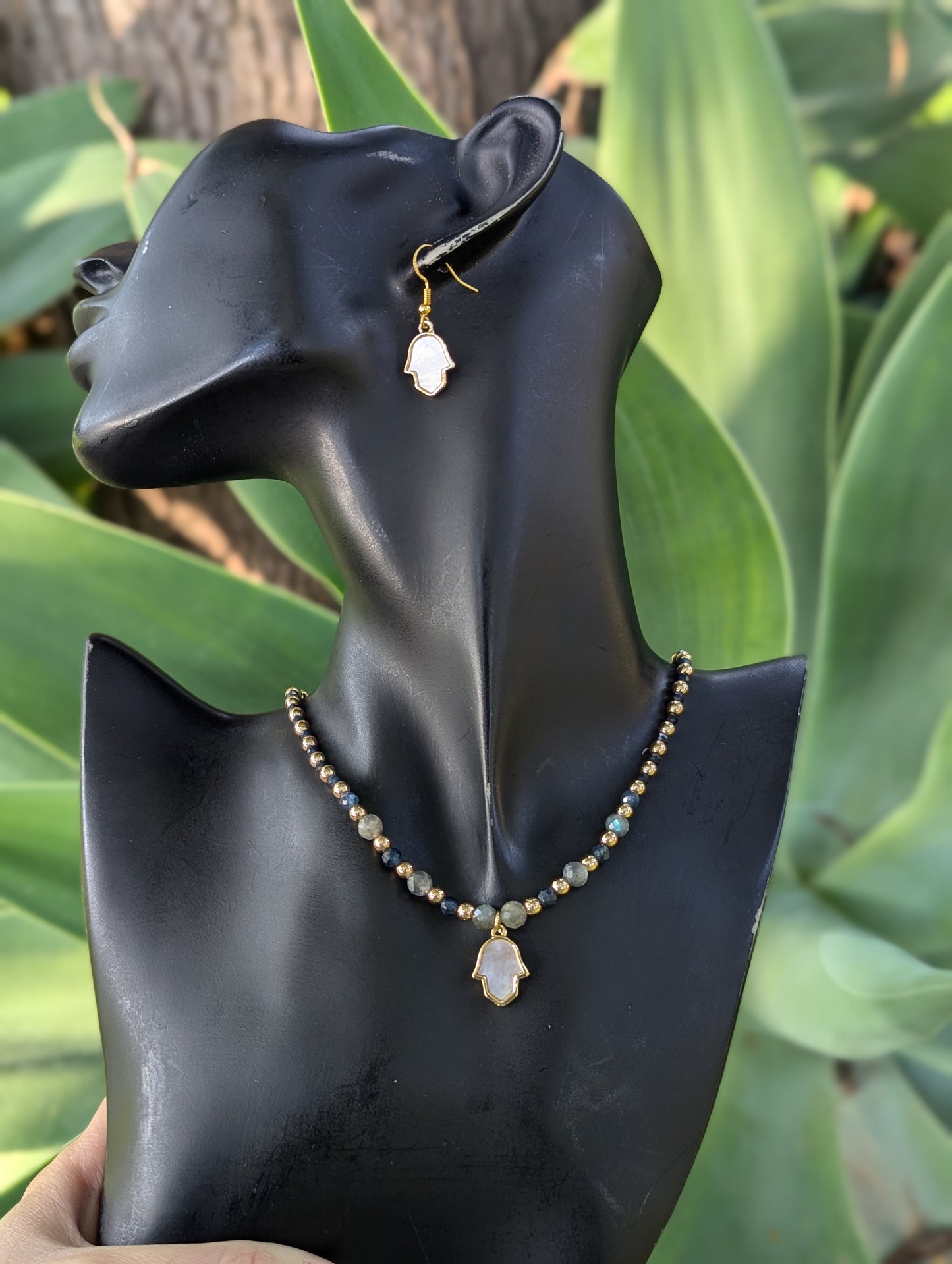 Mother of Pearl Hamsa, Sapphire & Labradorite Set