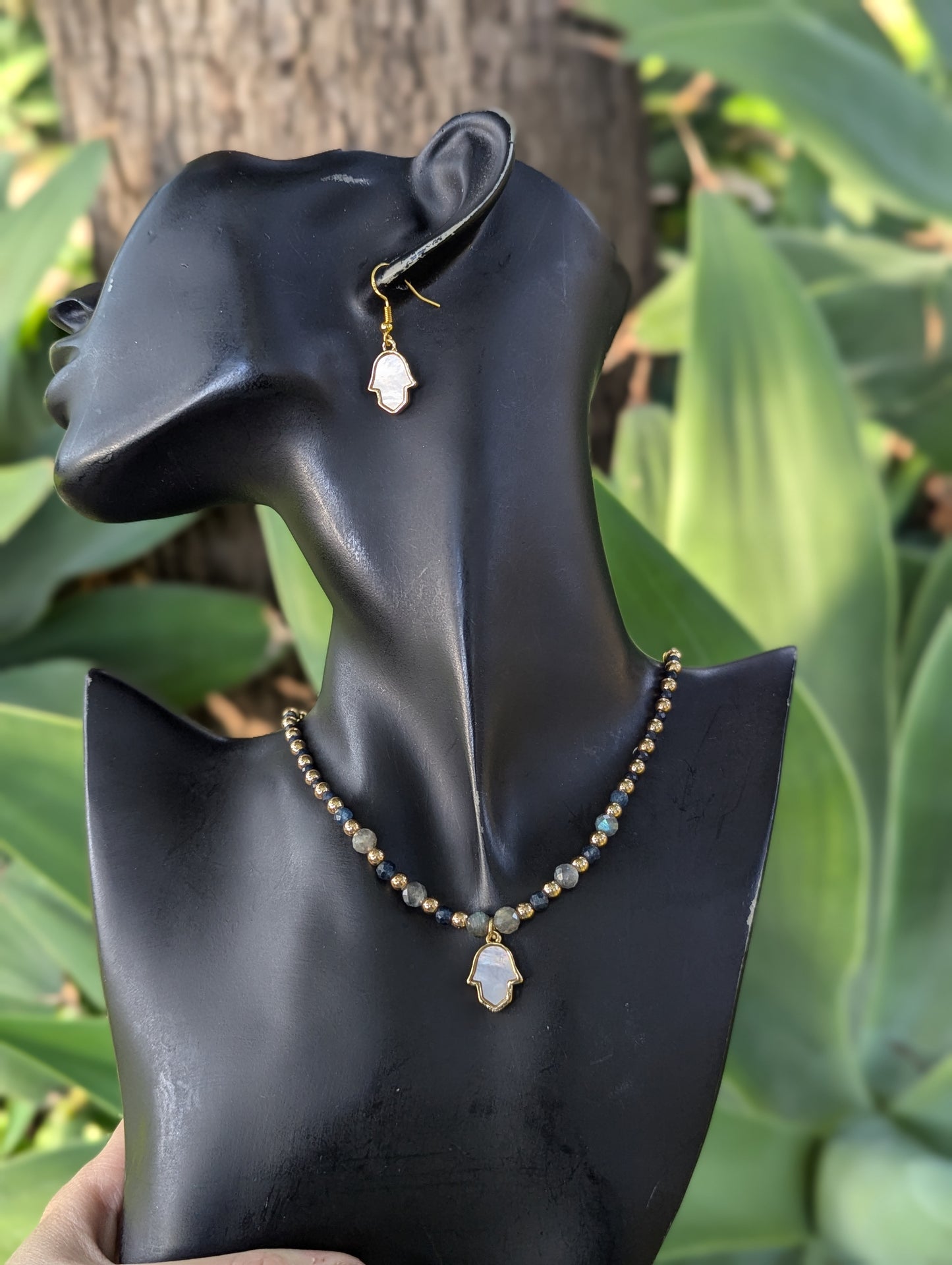 Mother of Pearl Hamsa, Sapphire & Labradorite Set