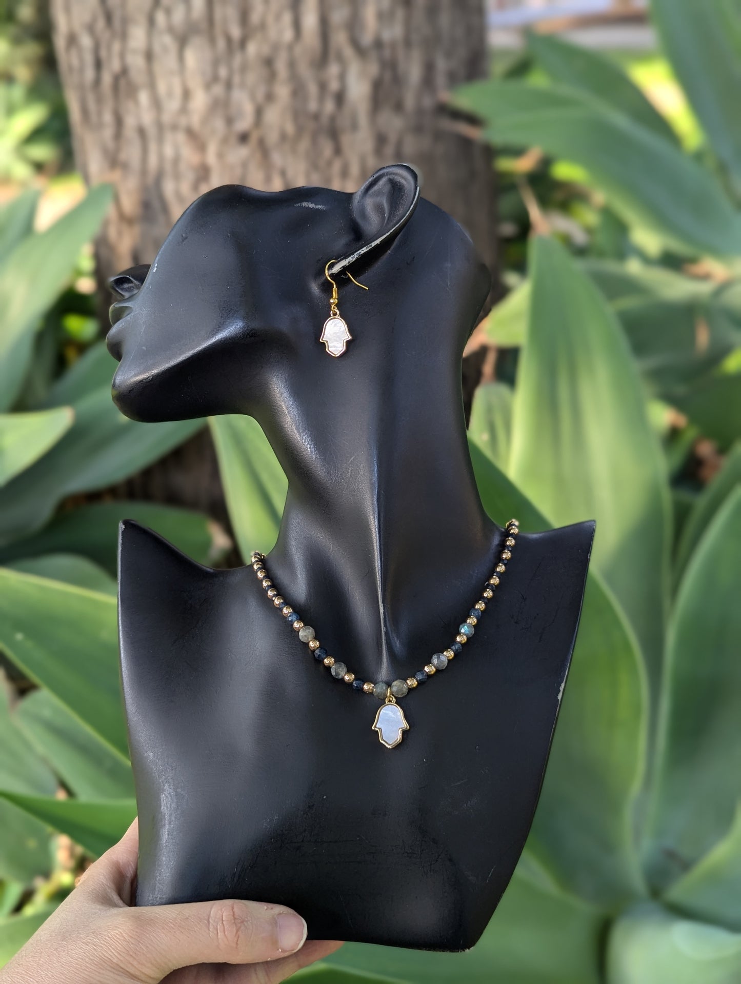 Mother of Pearl Hamsa, Sapphire & Labradorite Set