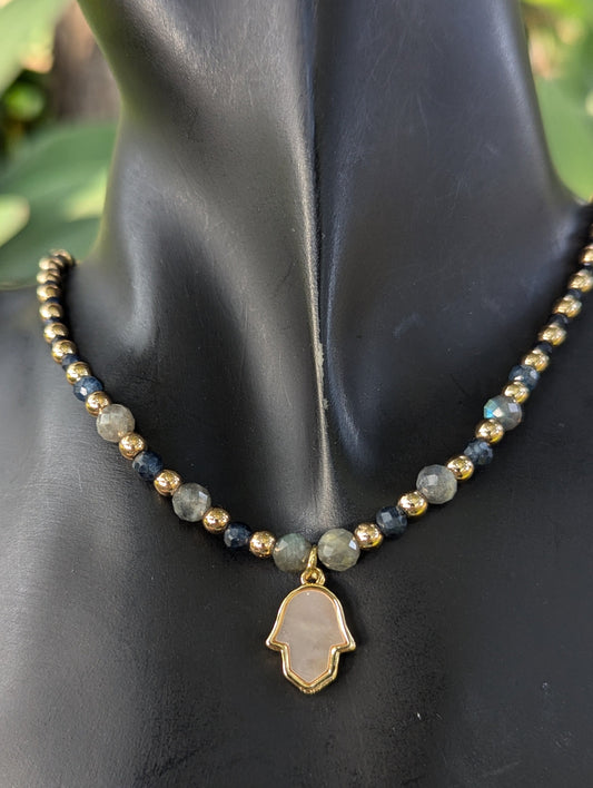 Mother of Pearl Hamsa, Sapphire & Labradorite Set