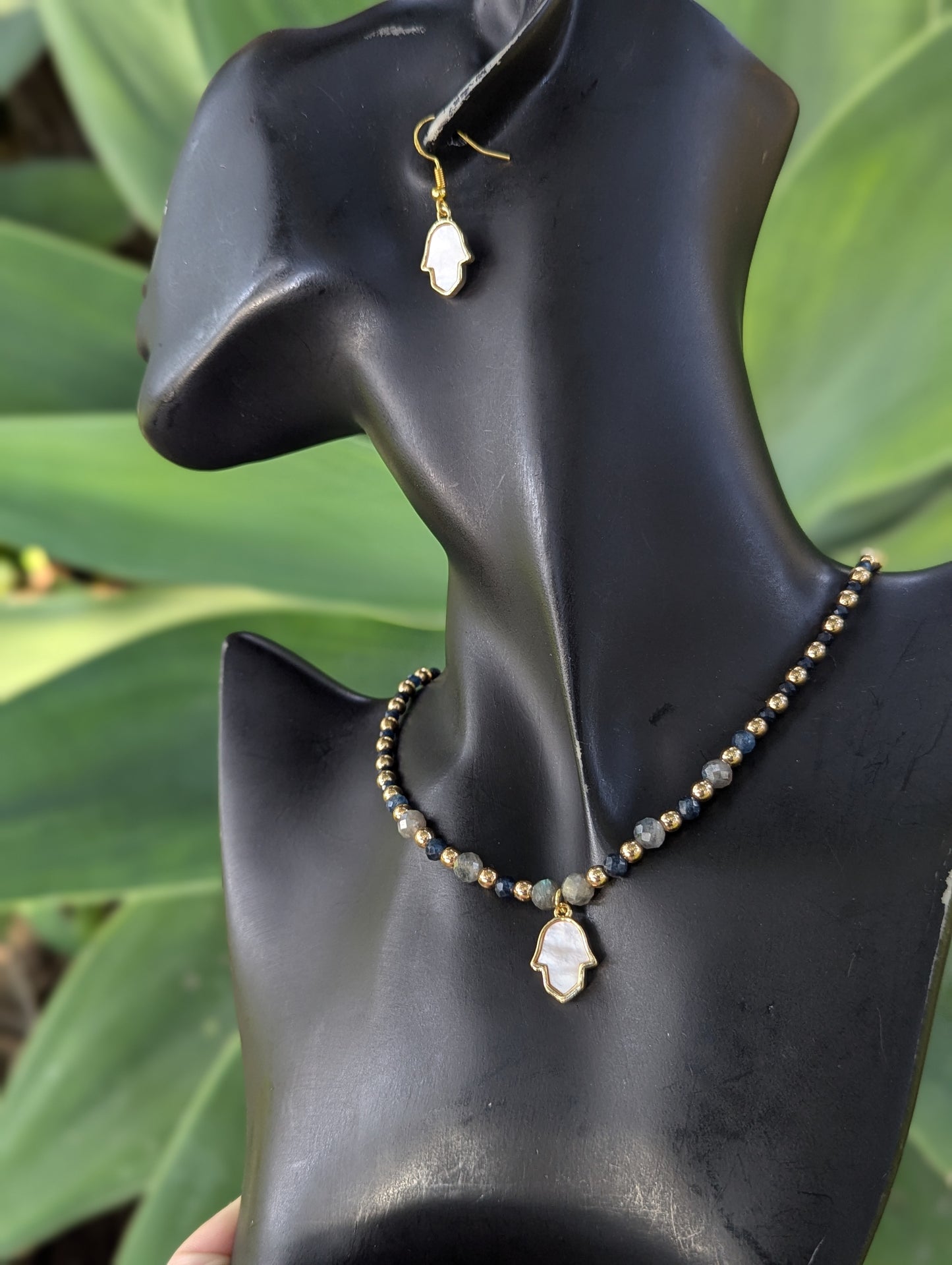 Mother of Pearl Hamsa, Sapphire & Labradorite Set