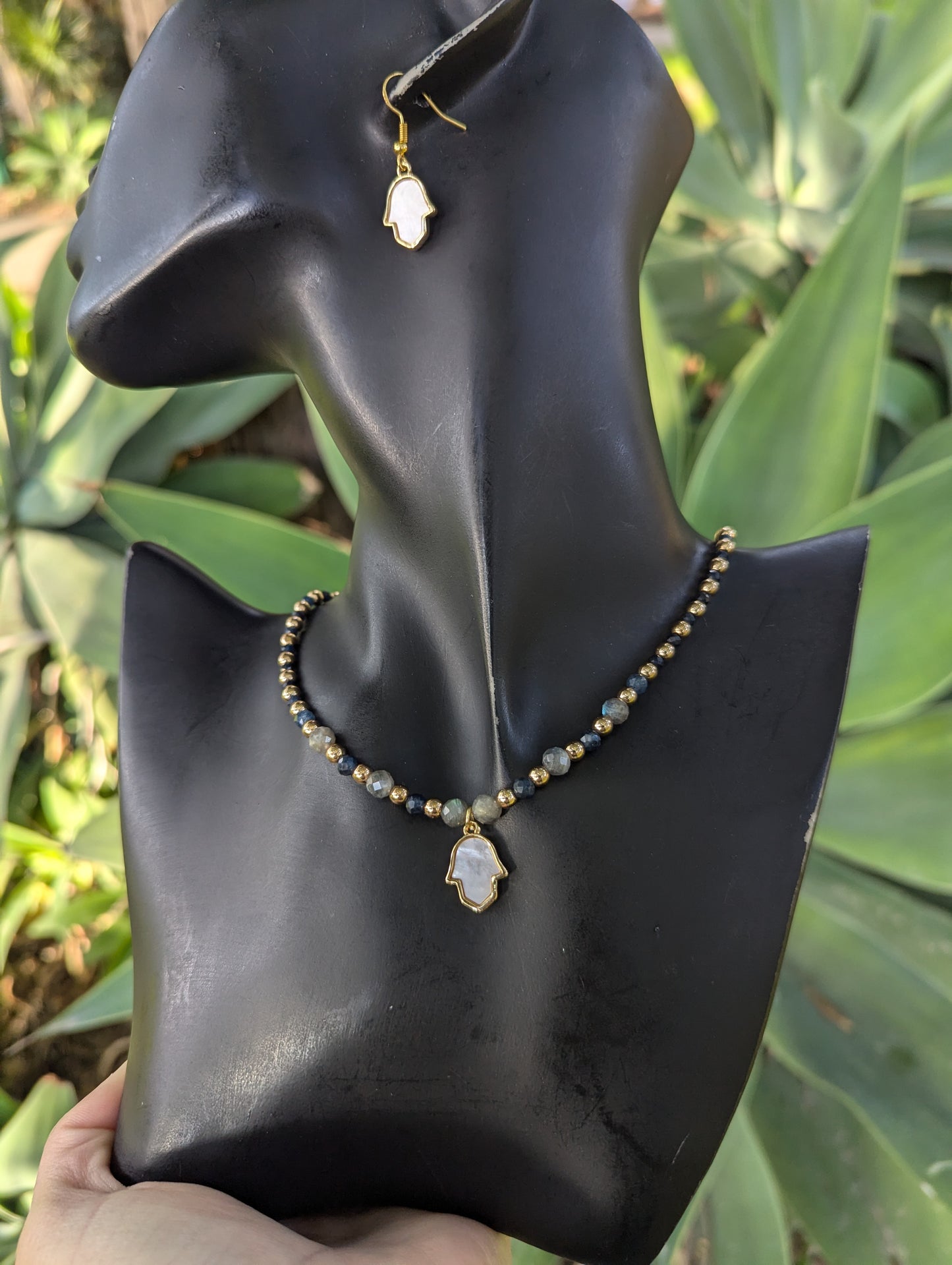 Mother of Pearl Hamsa, Sapphire & Labradorite Set