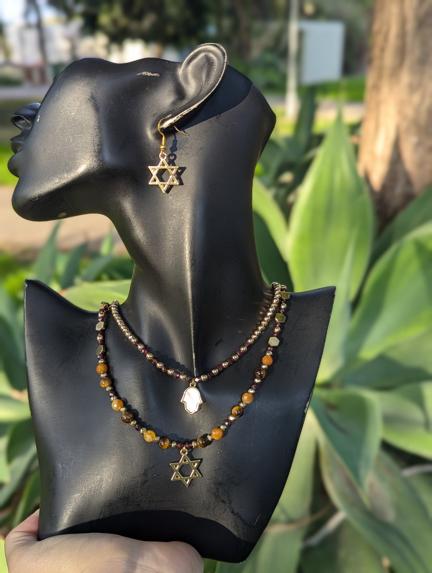 Garnet,  Jade and Tiger's Eye beaded Hamsa & Magen David Layered Set