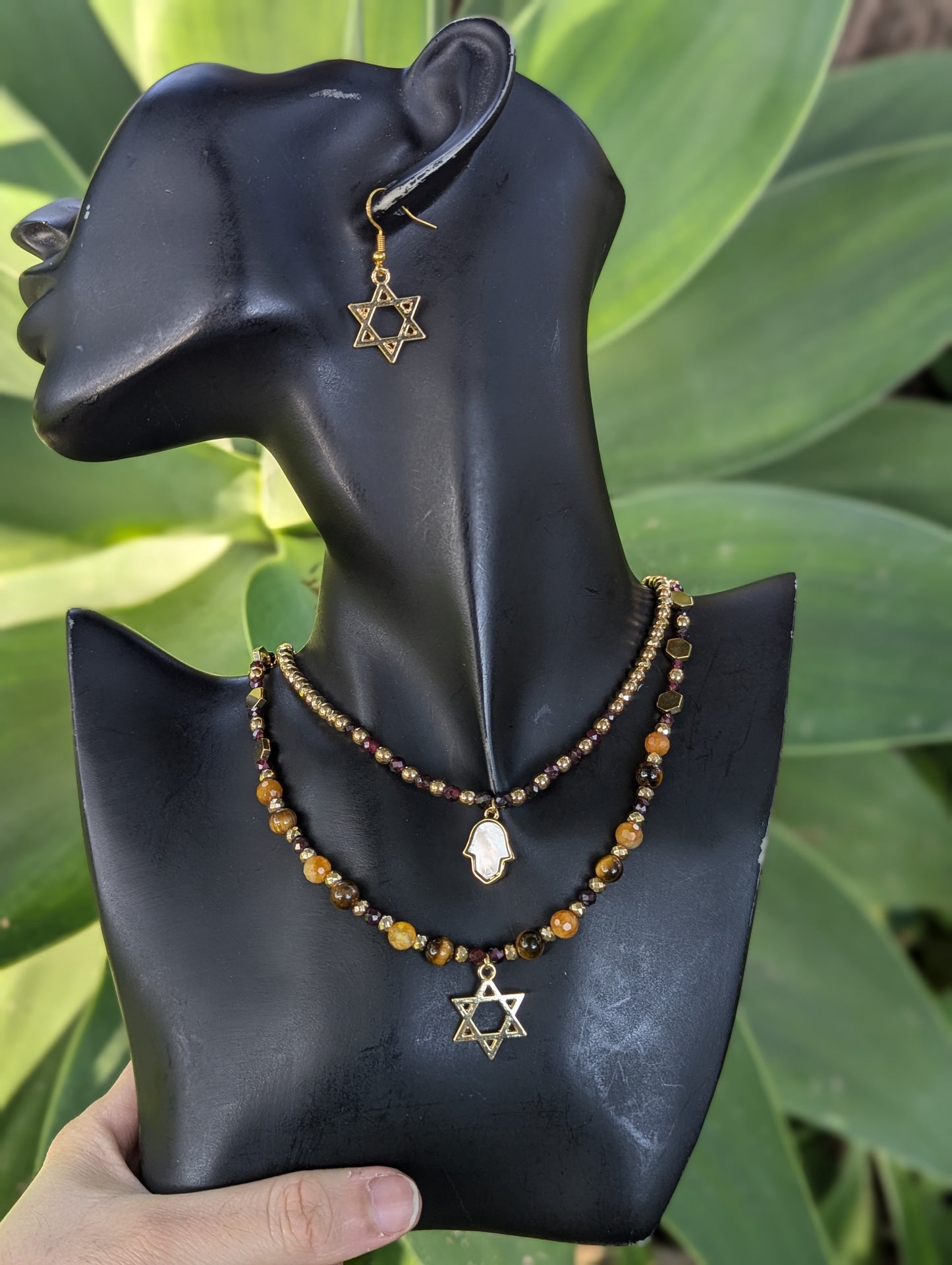 Garnet,  Jade and Tiger's Eye beaded Hamsa & Magen David Layered Set