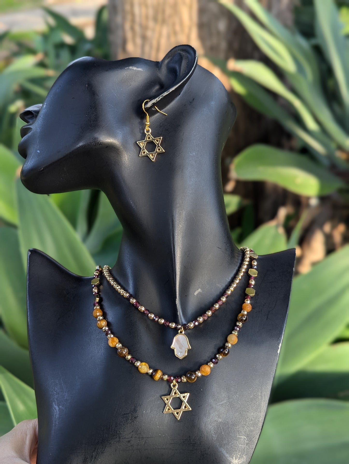 Garnet,  Jade and Tiger's Eye beaded Hamsa & Magen David Layered Set