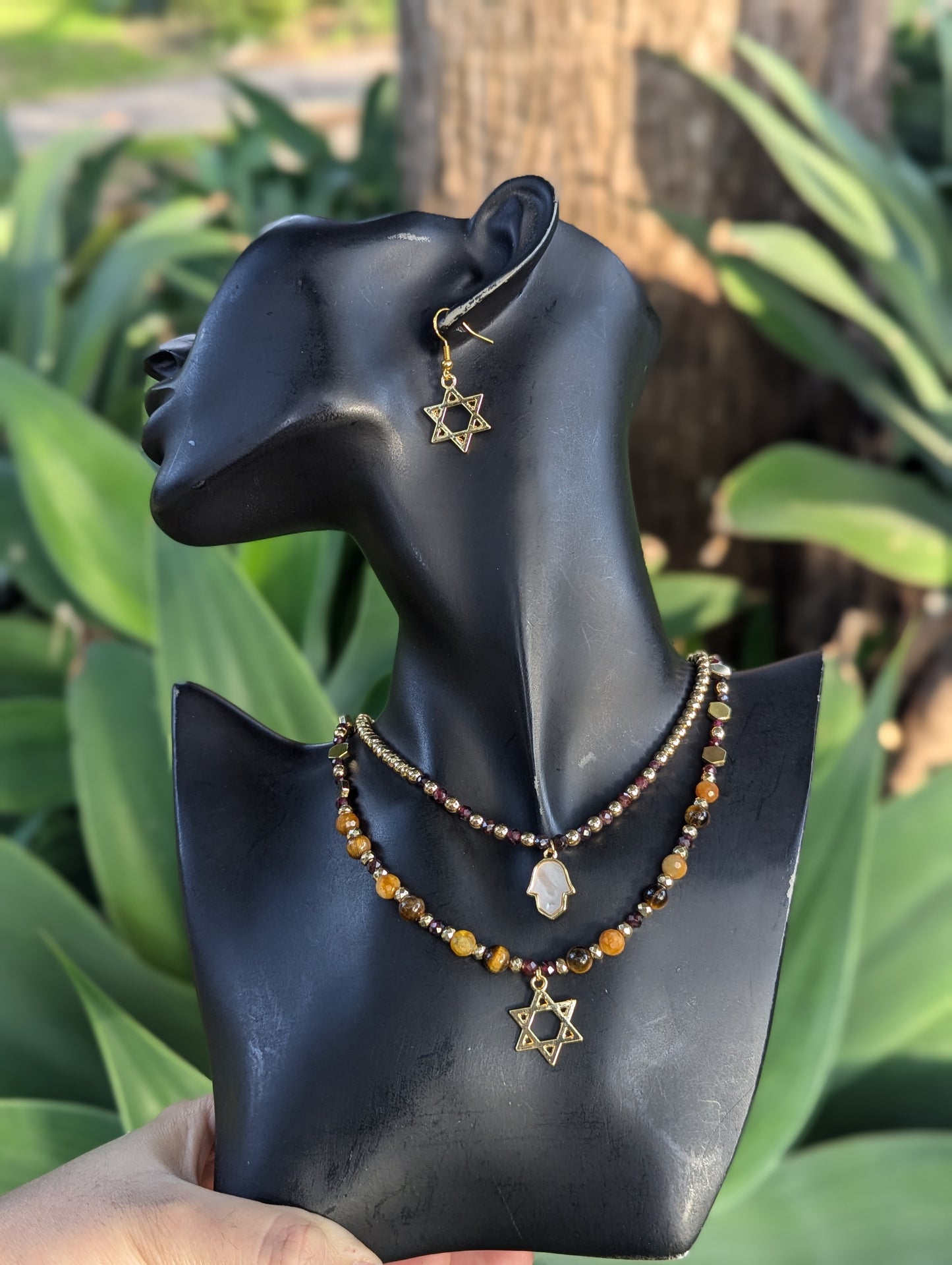 Garnet,  Jade and Tiger's Eye beaded Hamsa & Magen David Layered Set