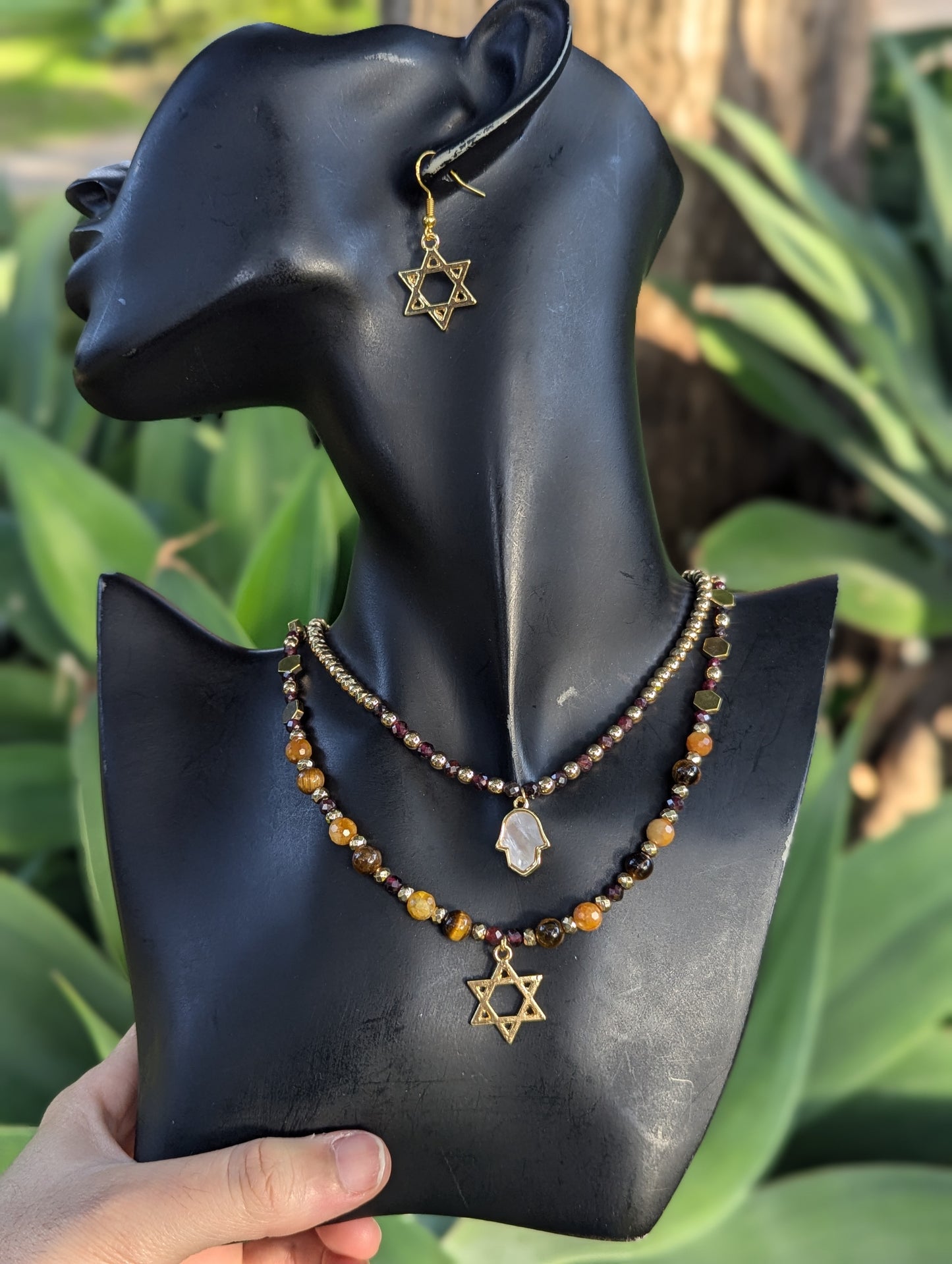 Garnet,  Jade and Tiger's Eye beaded Hamsa & Magen David Layered Set