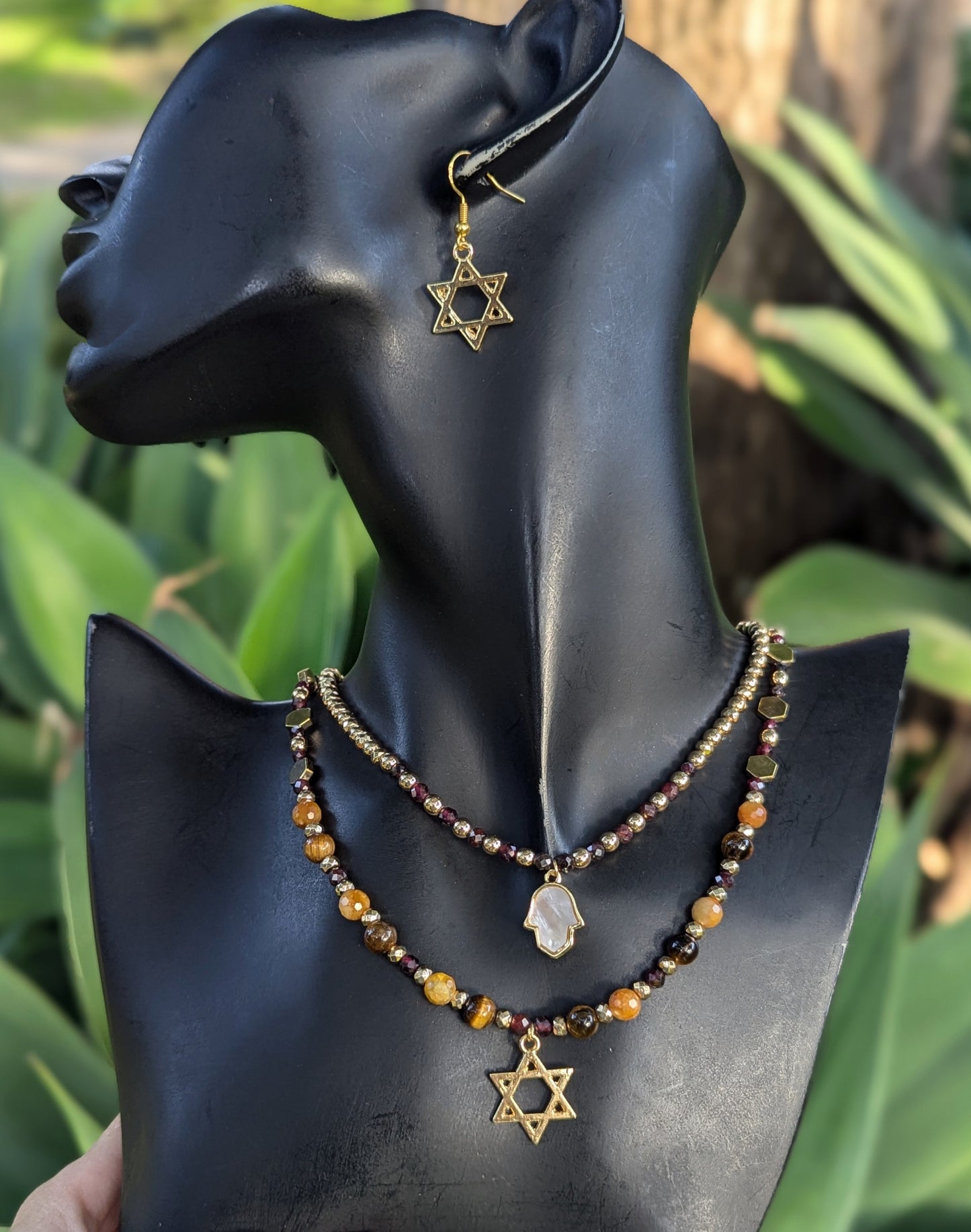 Garnet,  Jade and Tiger's Eye beaded Hamsa & Magen David Layered Set