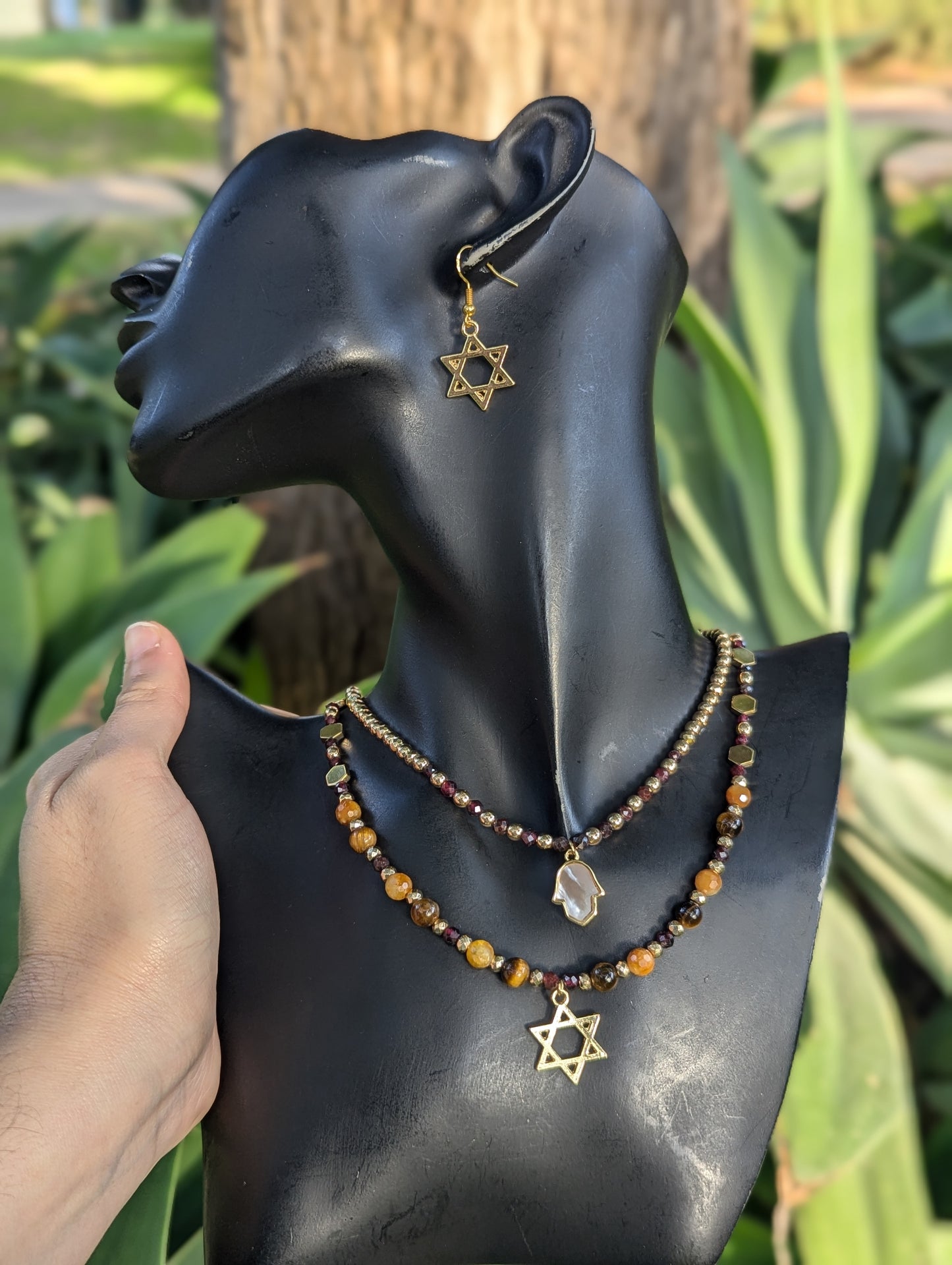 Garnet,  Jade and Tiger's Eye beaded Hamsa & Magen David Layered Set