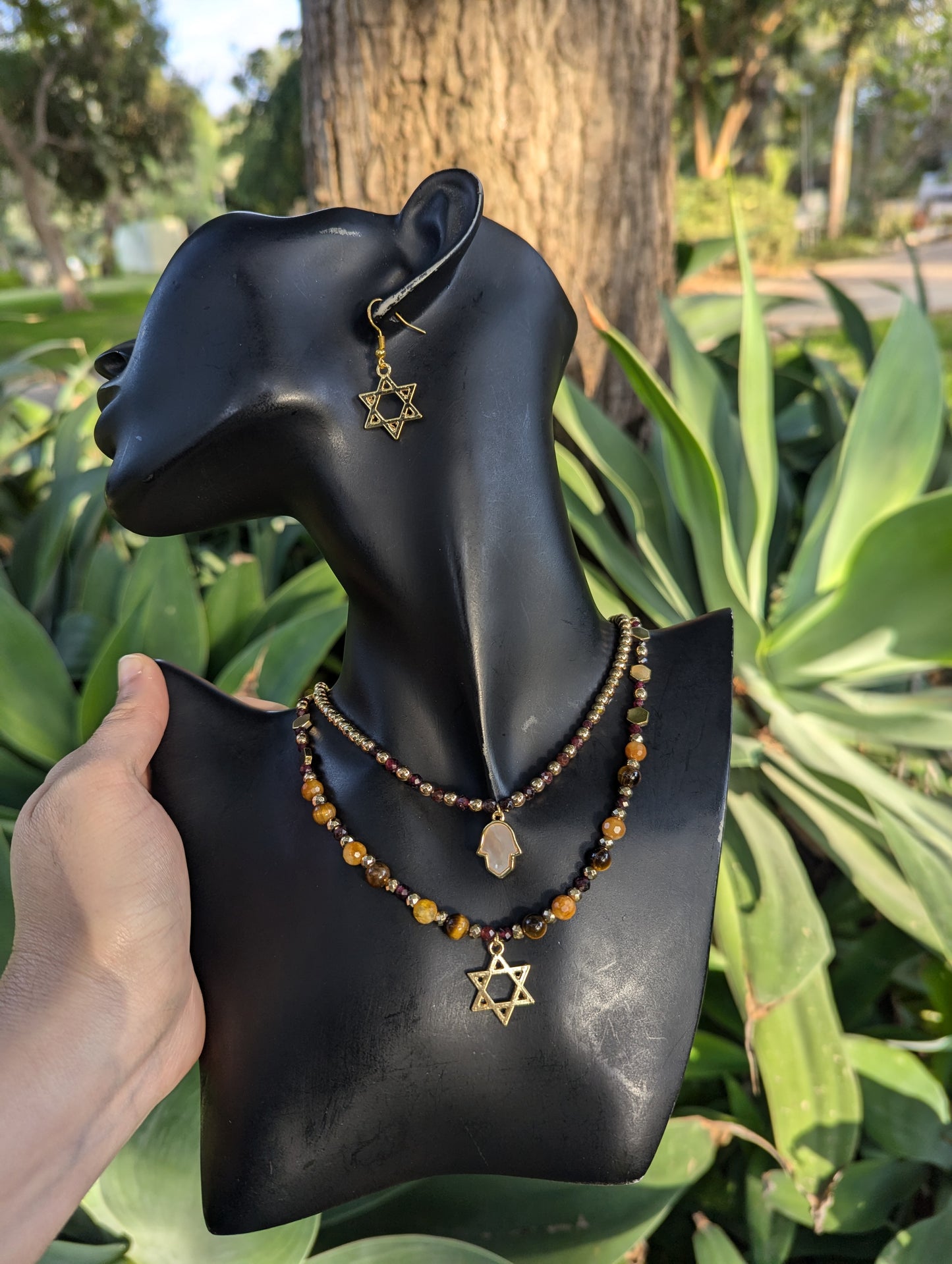 Garnet,  Jade and Tiger's Eye beaded Hamsa & Magen David Layered Set