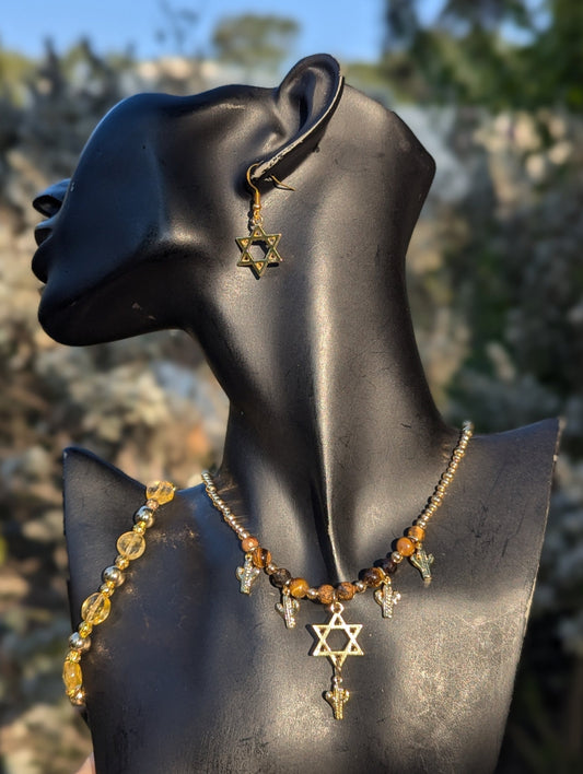 Gold Sabra Magen David Set with Tiger's Eye, Citrine & Jasper