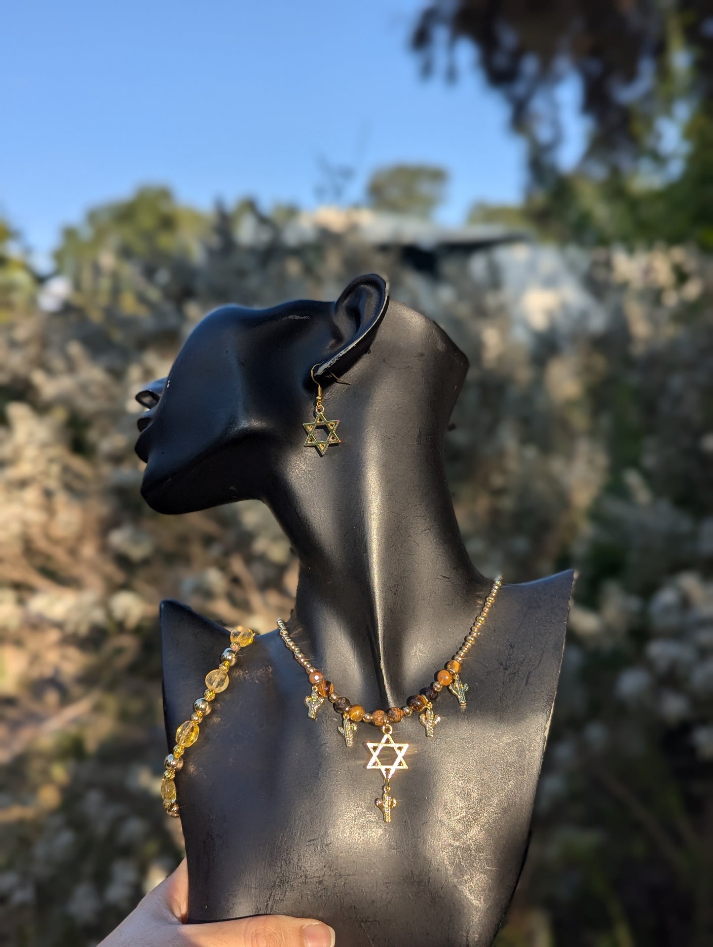 Gold Sabra Magen David Set with Tiger's Eye, Citrine & Jasper