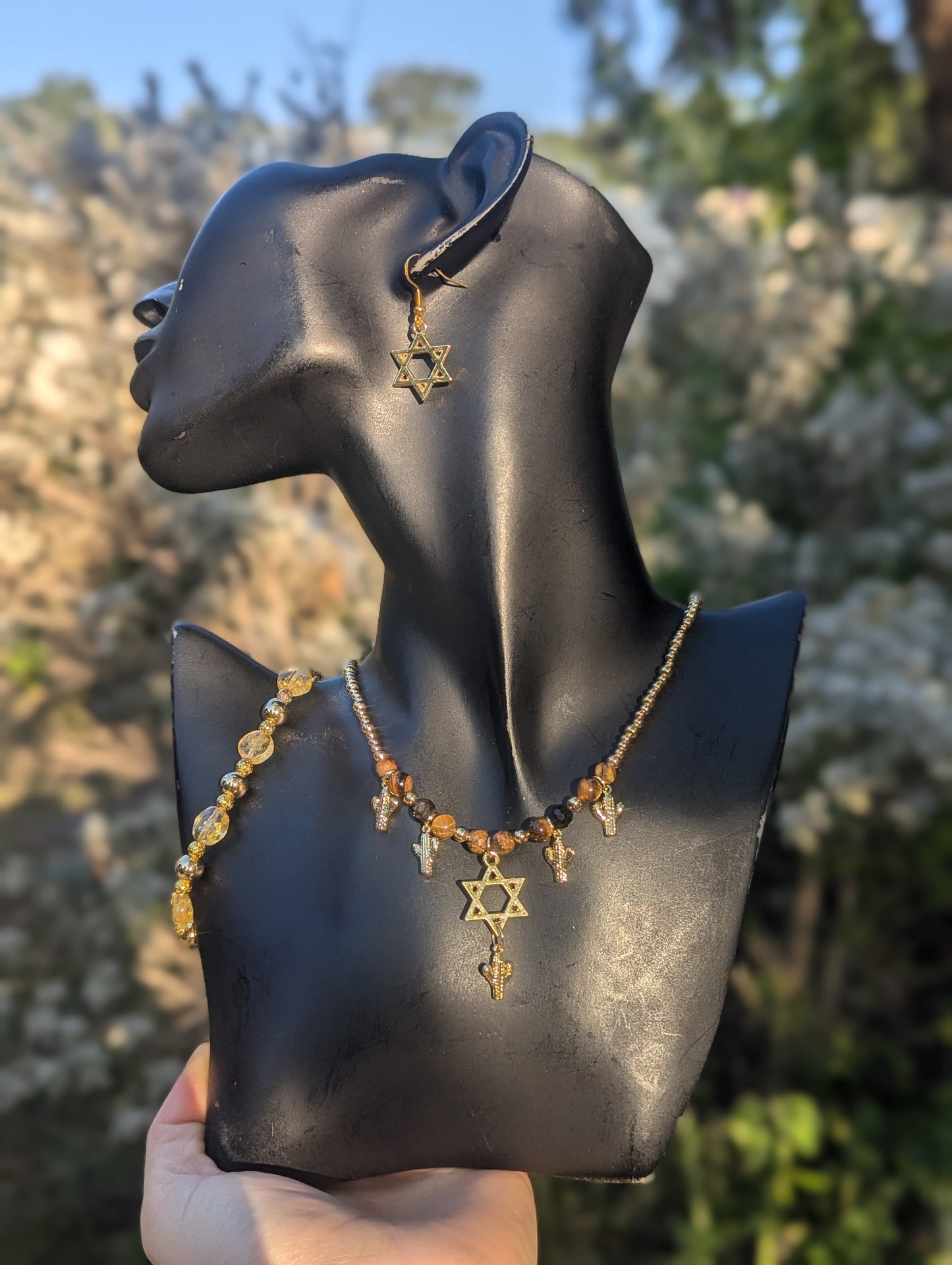 Gold Sabra Magen David Set with Tiger's Eye, Citrine & Jasper