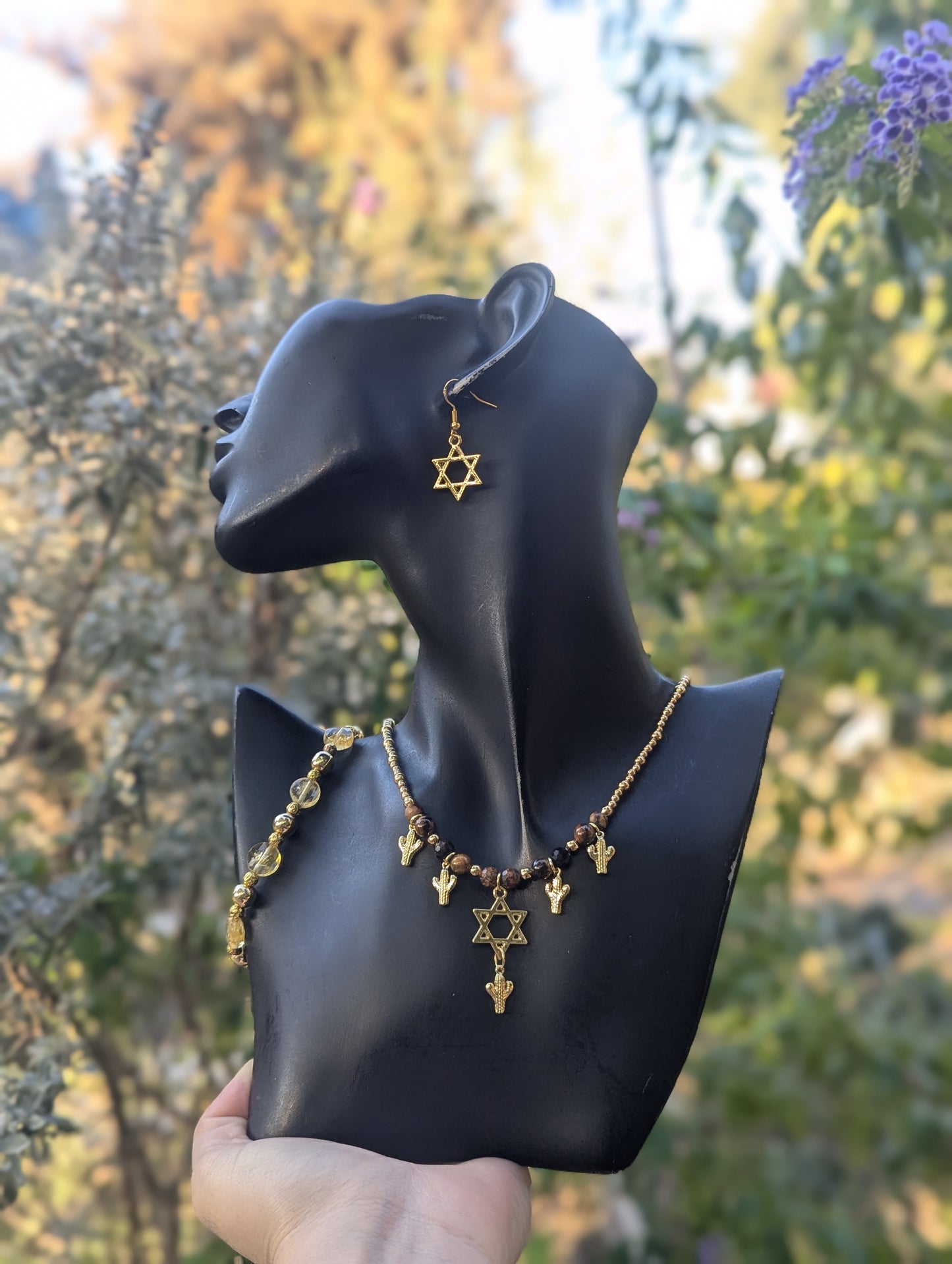 Gold Sabra Magen David Set with Tiger's Eye, Citrine & Jasper