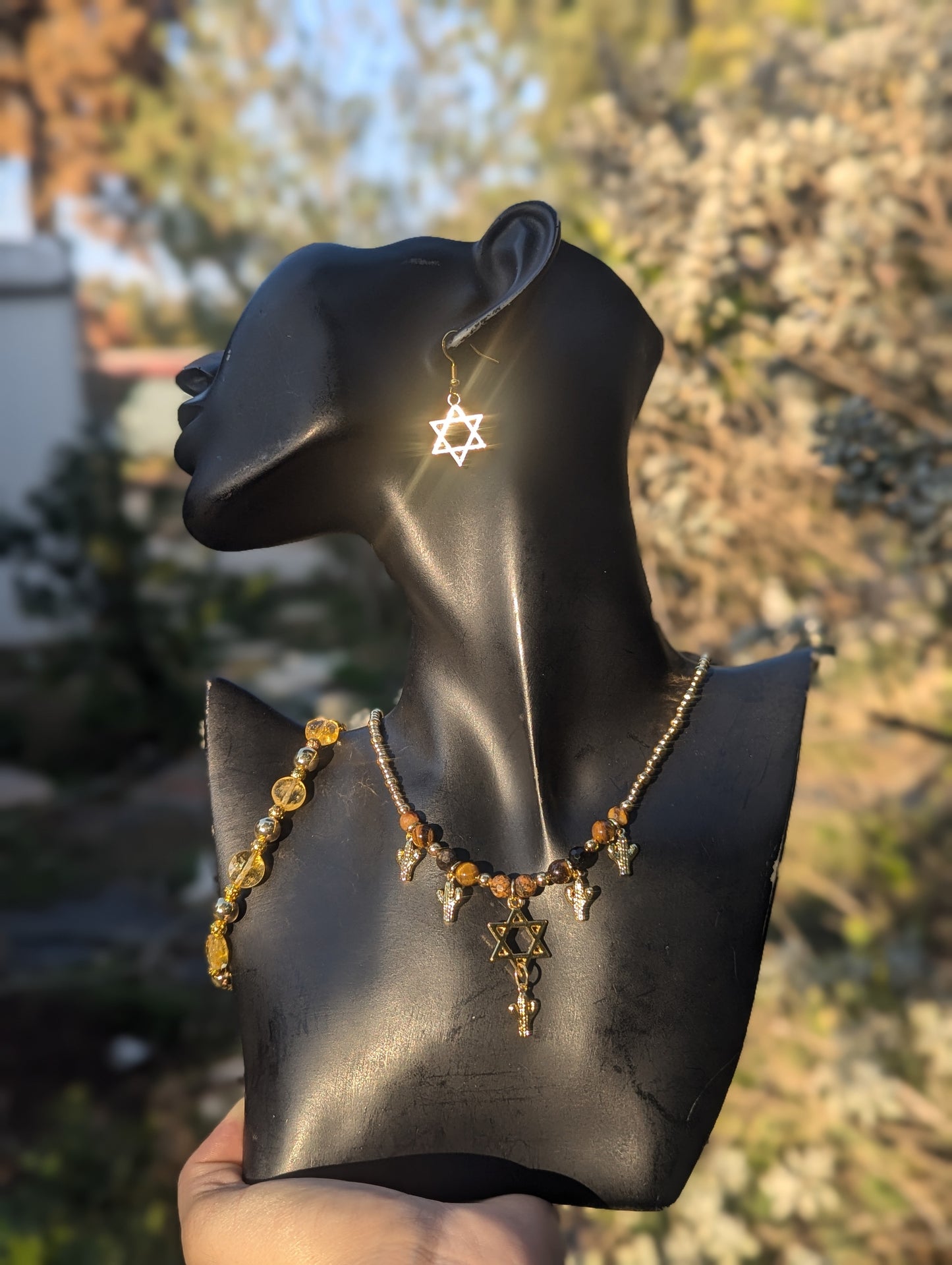 Gold Sabra Magen David Set with Tiger's Eye, Citrine & Jasper